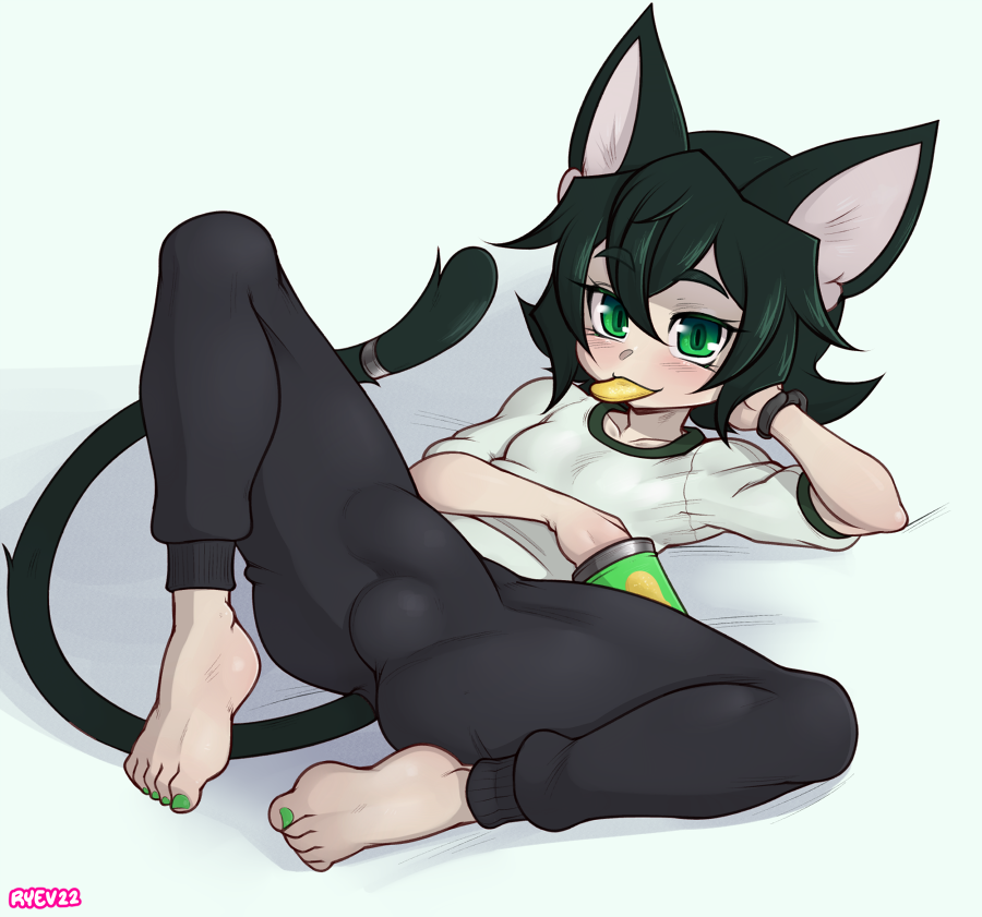 2022 5_toes animal_humanoid balls_outline barefoot black_hair blush bulge chika_takanade chips_(food) clothed clothing colored_nails dark_ryev eating feet felid felid_humanoid feline feline_humanoid food genital_outline girly green_eyes hair humanoid male mammal mammal_humanoid nails penis_outline ryev simple_background solo toes