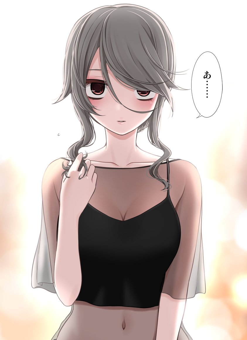 black_camisole blouse blurry blurry_background blush breasts brown_eyes camisole cleavage collarbone female grey_hair hair_over_one_eye ikari_manatsu kurai_anoko_to_shitai_koto looking_at_viewer medium_breasts midriff navel parted_lips playing_with_own_hair sasaki_touko see-through shirt sidelocks solo speech_bubble stomach upper_body