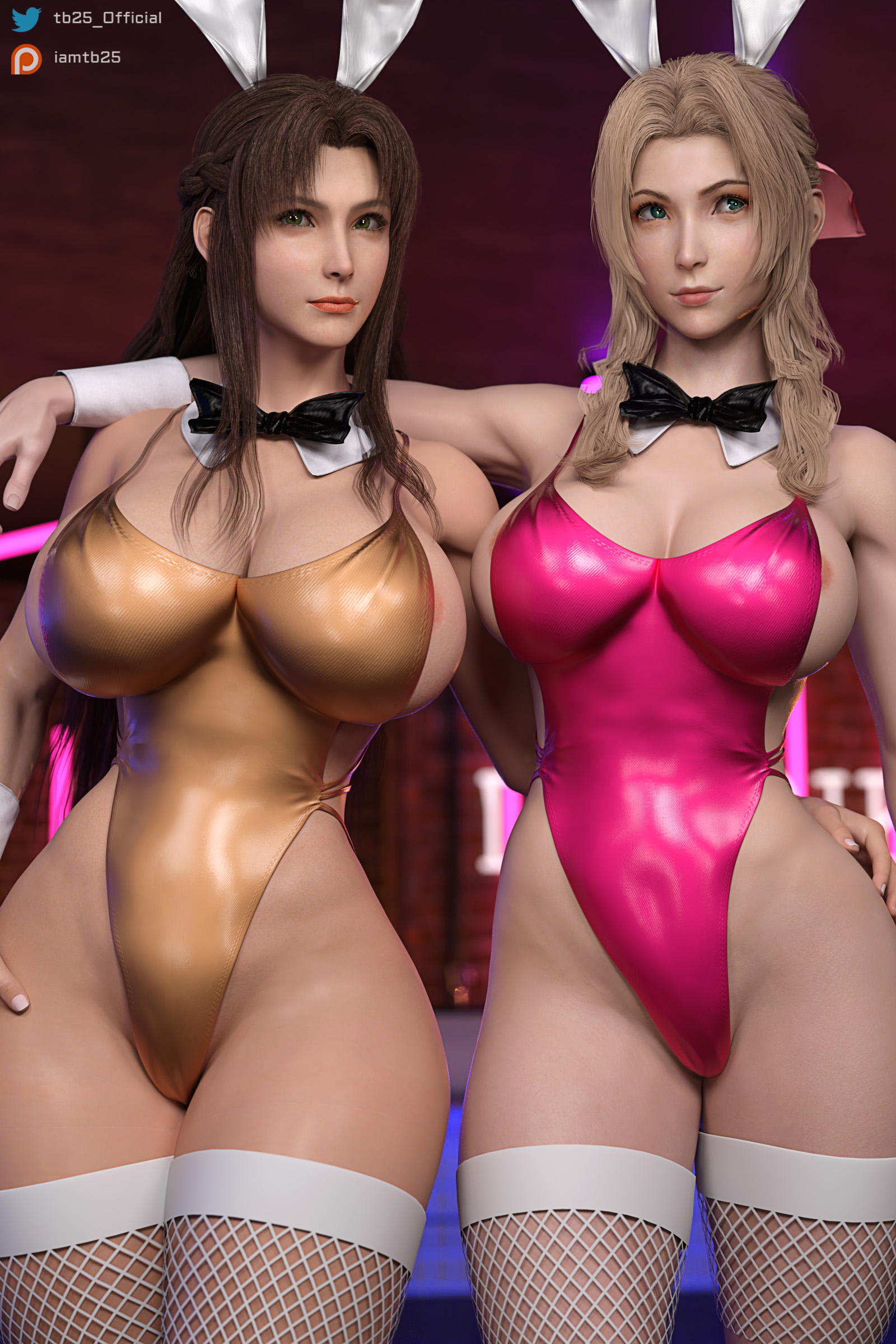 2girls, 3d, aerith gainsborough, big breasts, bowtie, breasts, bunny ears, bunnysuit, cleavage, female, female only, final fantasy, final fantasy vii, final fantasy vii remake, fishnet stockings, fishnets, ifalna, mature female, milf, mother and daughter, one-piece swimsuit, patreon username, square enix, swimsuit, tb25, thick thighs, twitter username