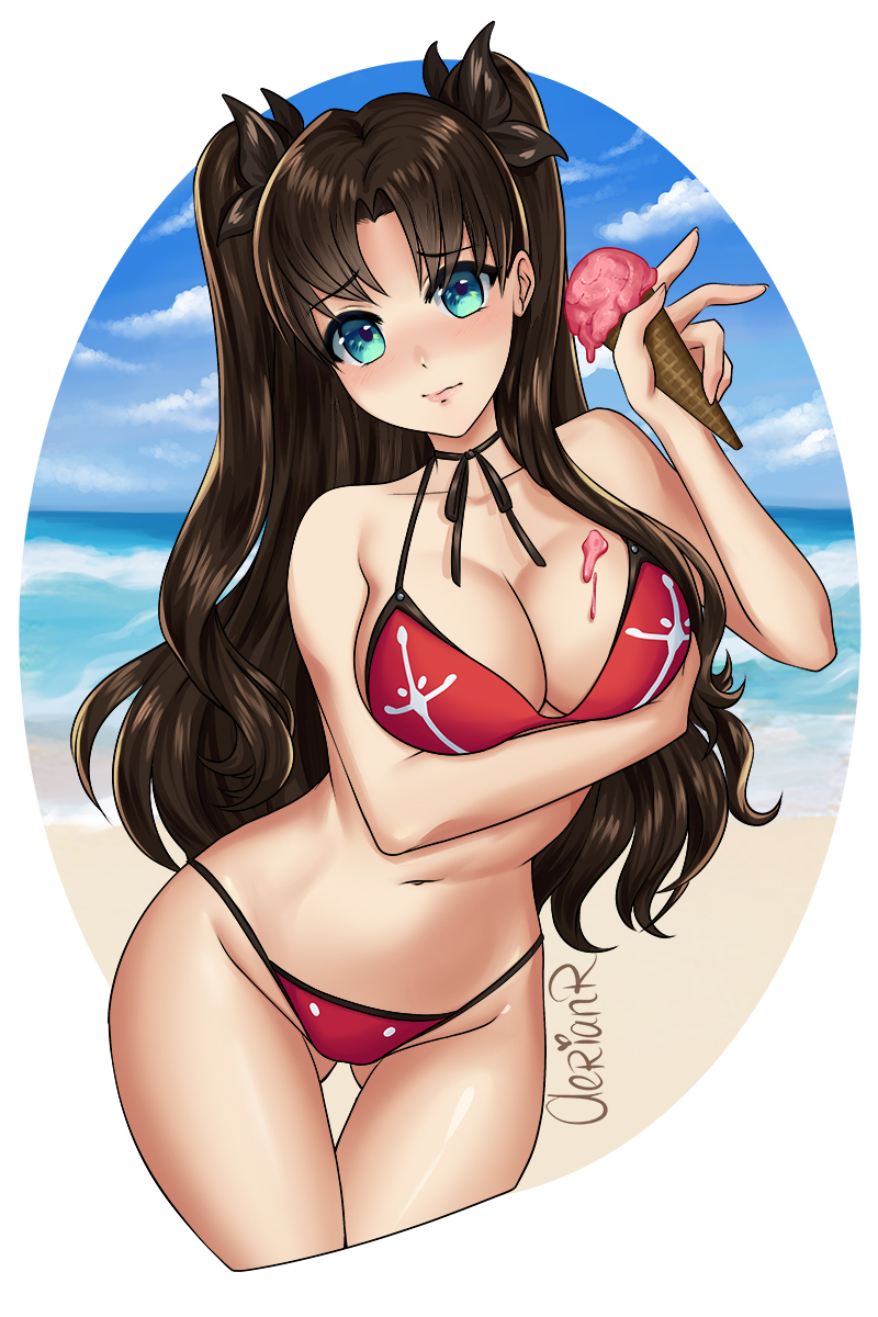 beach bikini bing_chilling black_hair blue_eyes cleavage fate/grand_order fate_(series) ice_cream large_breasts looking_at_viewer seaside tohsaka_rin twintails