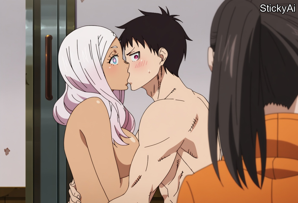 1boy, 2girls, accurate art style, ai generated, anime coloring, black hair, caught, caught in the act, completely nude, completely nude female, cuckquean, curvy, dark skin, dark-skinned female, en'en no shouboutai, enen no shouboutai, grey hair, implied sex, indoors, large breasts, long hair, maki oze, mature female, netorare, nipples, ntr, oze maki, princess hibana, sex, shinra kusakabe, stickyai, walk-in, walked in on, white hair