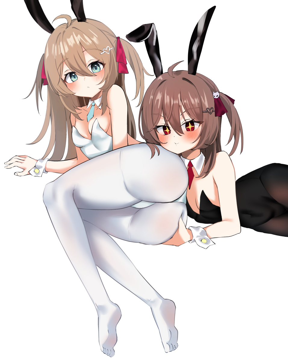 ass grab, blue eyes, brown hair, bunny ears, bunnysuit, evil neuro, female, female only, hair ornament, hair ribbon, hand on ass, indie virtual youtuber, neuro-sama, red eyes, sparkling eyes, tnine 0409, virtual youtuber, vtuber