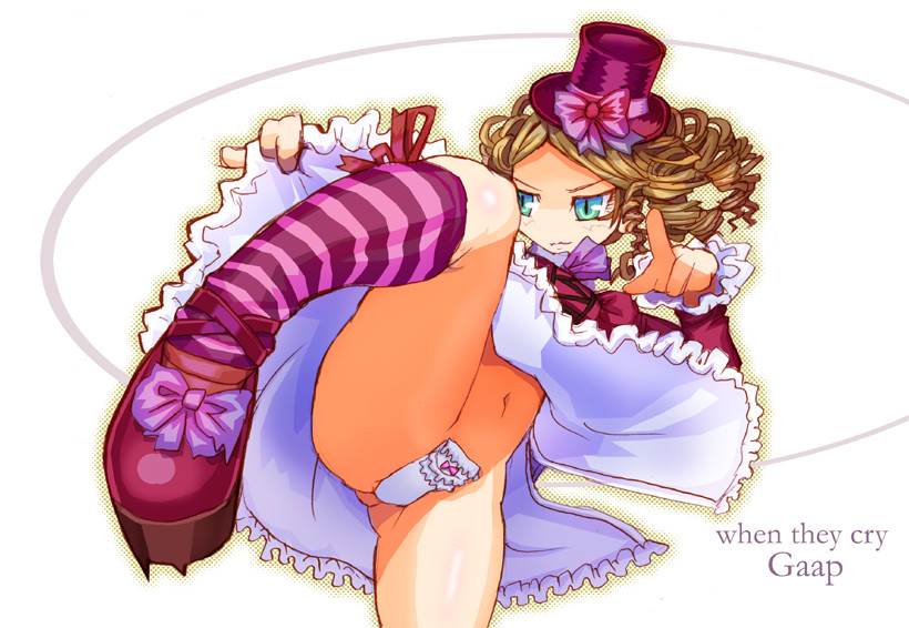 07th_expansion blonde_hair blue_eyes bottomless dress_shirt drill_hair female female_only gaap hat i04 kicking lolita_fashion maebari shirt side_slit solo striped striped_legwear striped_thighhighs thighhighs top_hat umineko_no_naku_koro_ni upskirt