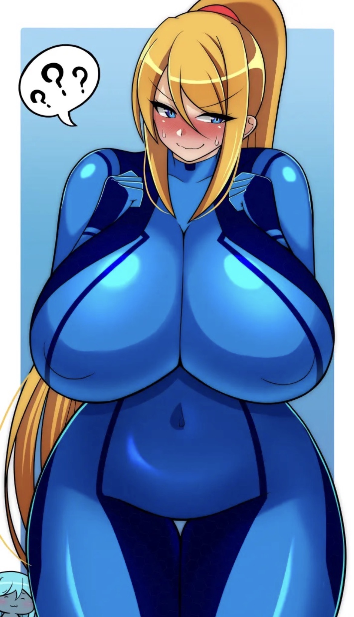 1girls, blonde hair, blue eyes, blush, chat box, female, huge breasts, iriomote umineko, massive breasts, metroid, nintendo, ponytail, question mark, samus aran, shiny clothes, super smash bros., thick thighs, tight clothing, wide hips, zero suit samus