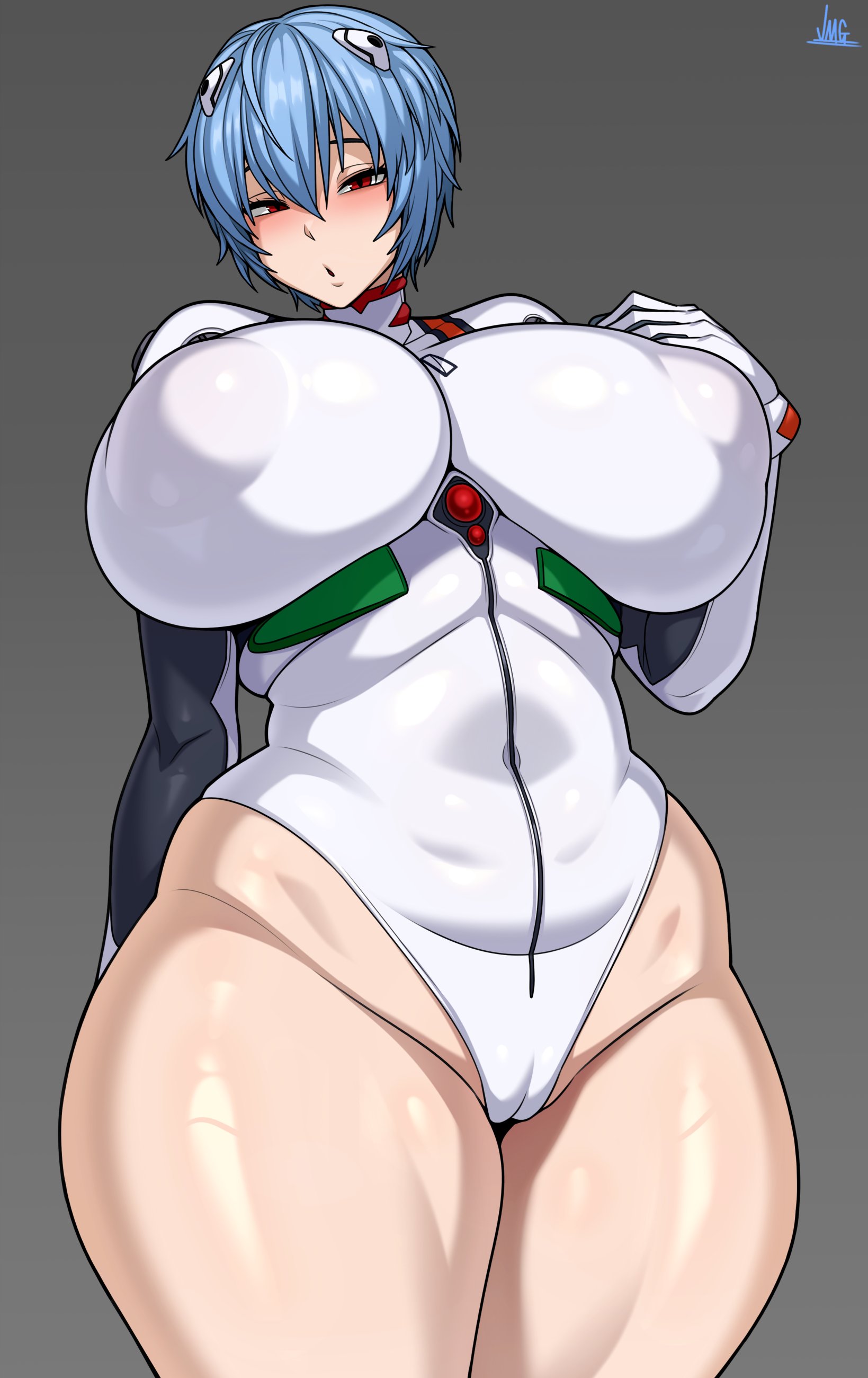 1girls, breasts, breasts bigger than head, female, female focus, female only, jmg, large breasts, leotard, light skin, light-skinned female, looking at viewer, neon genesis evangelion, plugsuit, rei ayanami, solo, thick thighs, thighs, wide hips