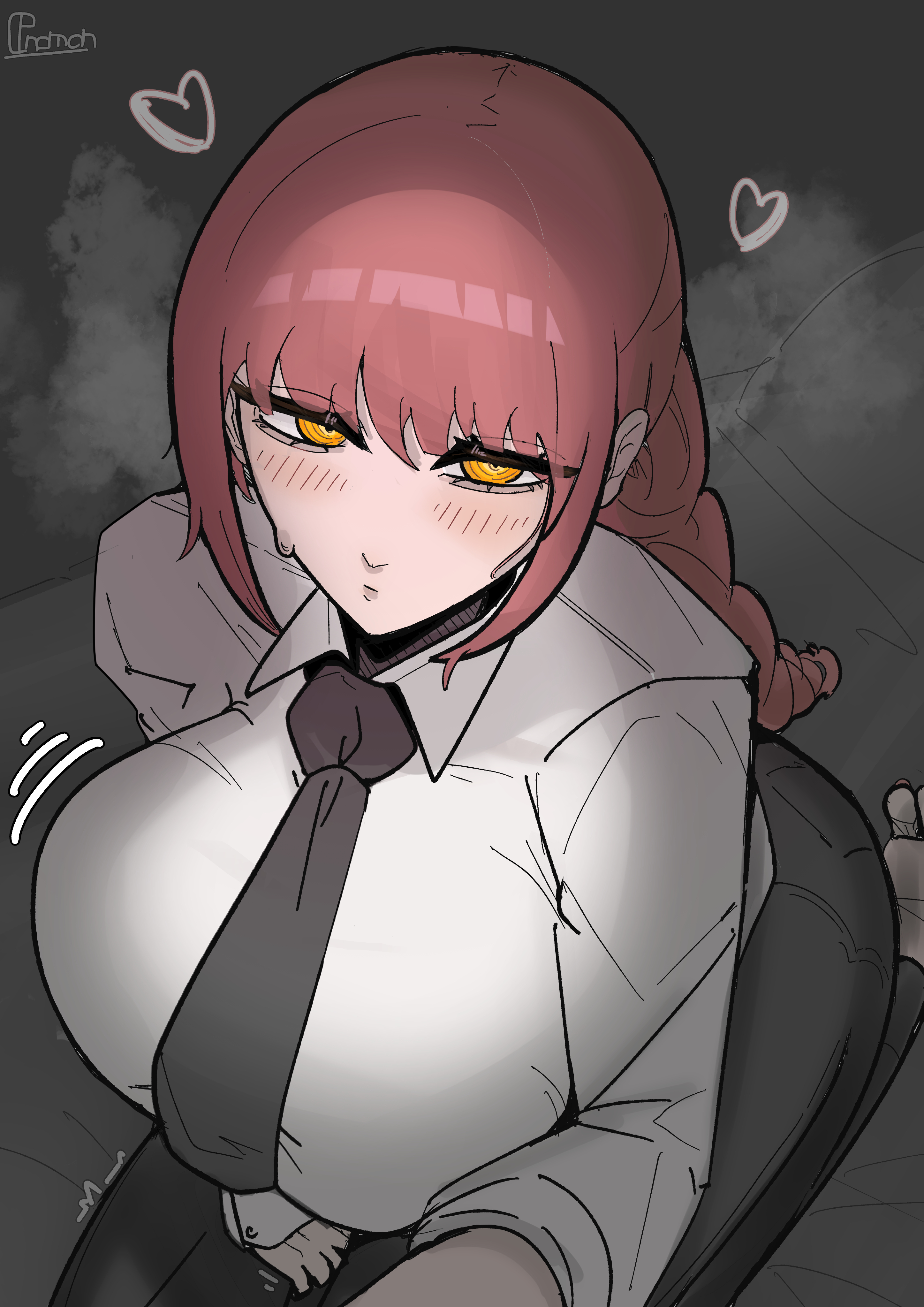 1girls, 2026, big breasts, blush, breasts, breath cloud, chainsaw man, clothed, clothing, color, colored, digital media (artwork), female, female only, flushed, fully clothed, grey background, hair, hi res, huge breasts, light skin, light-skinned female, looking at viewer, makima (chainsaw man), mappa, penamon, red hair, simple background, solo, sweat, sweatdrop, viewed from above, yellow eyes