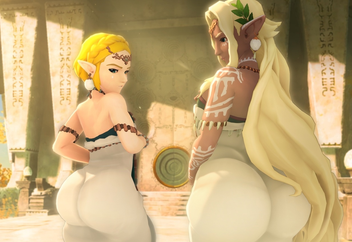 2girls, 3d, 3d (artwork), ass, ass in dress, big ass, blonde hair, bottom heavy, bubble butt, clothing, dark skin, dark-skinned female, dress, ear piercing, earrings, fat ass, gluteal fold, height difference, huge ass, large ass, light skin, light-skinned female, massive ass, nurico, piercing, princess zelda, sonia (tears of the kingdom), tears of the kingdom, the legend of zelda, thick ass, thick thighs, thunder thighs, wide hips, zelda (tears of the kingdom)