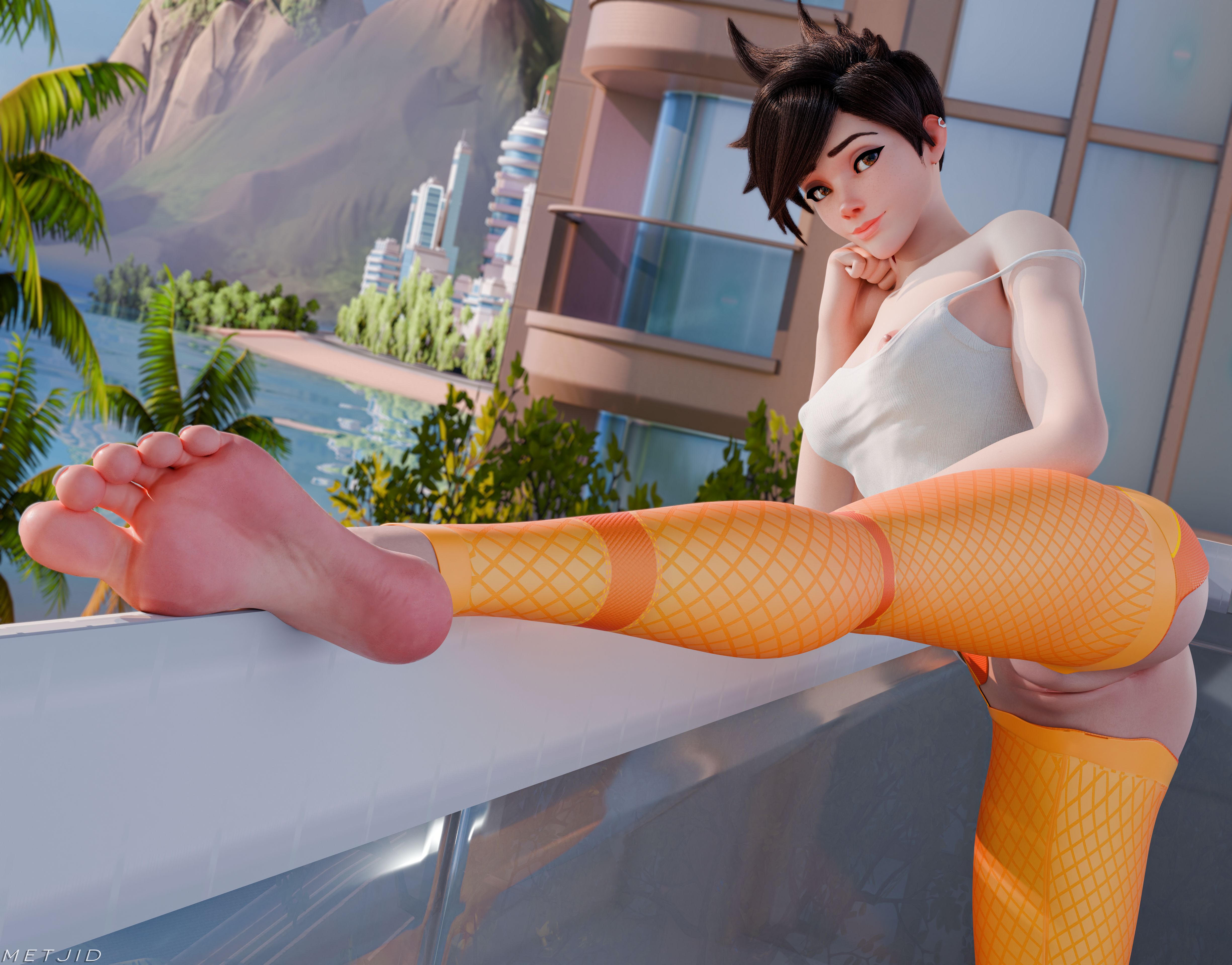 1girls, 3d, 3d (artwork), activision, ass, barefoot, big ass, big feet, blizzard entertainment, breasts, british female, clothing, european, european female, exposed nipples, female, female only, foot fetish, foot focus, functionally nude female, lena oxton, looking at viewer, medium breasts, metjid, overwatch, overwatch 2, overwatch league, pink nipples, pixie cut, pussy, ripped pants, short hair, tracer, tracer (overwatch 2 suit), vagina, yoga pants