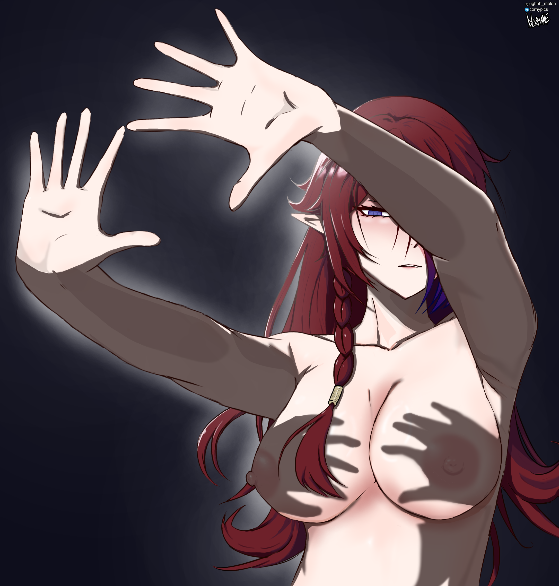 1female, 1girl, 1girls, 2d, absurd res, armpits, arms up, artist logo, artist name, artist signature, big breasts, boobs, breasts, chasca (genshin impact), female, female only, genshin impact, hand shadow covering breasts (meme), hands casting shadow, hoyoverse, looking at viewer, naked, naked female, nipples, red hair, solo, telegram username, twitter username, ughhh melon