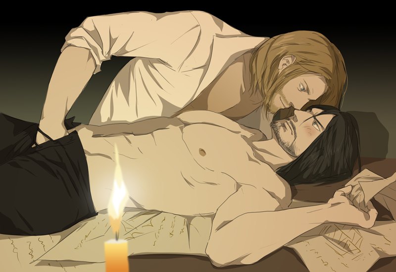 2boys assassin's_creed_(series) beard blonde_hair brown_hair candle cesare_borgia gay hand_in_pants handjob leonardo_da_vinci_(assassin's_creed) male male_only multiple_boys on_back ubisoft undressing yaoi