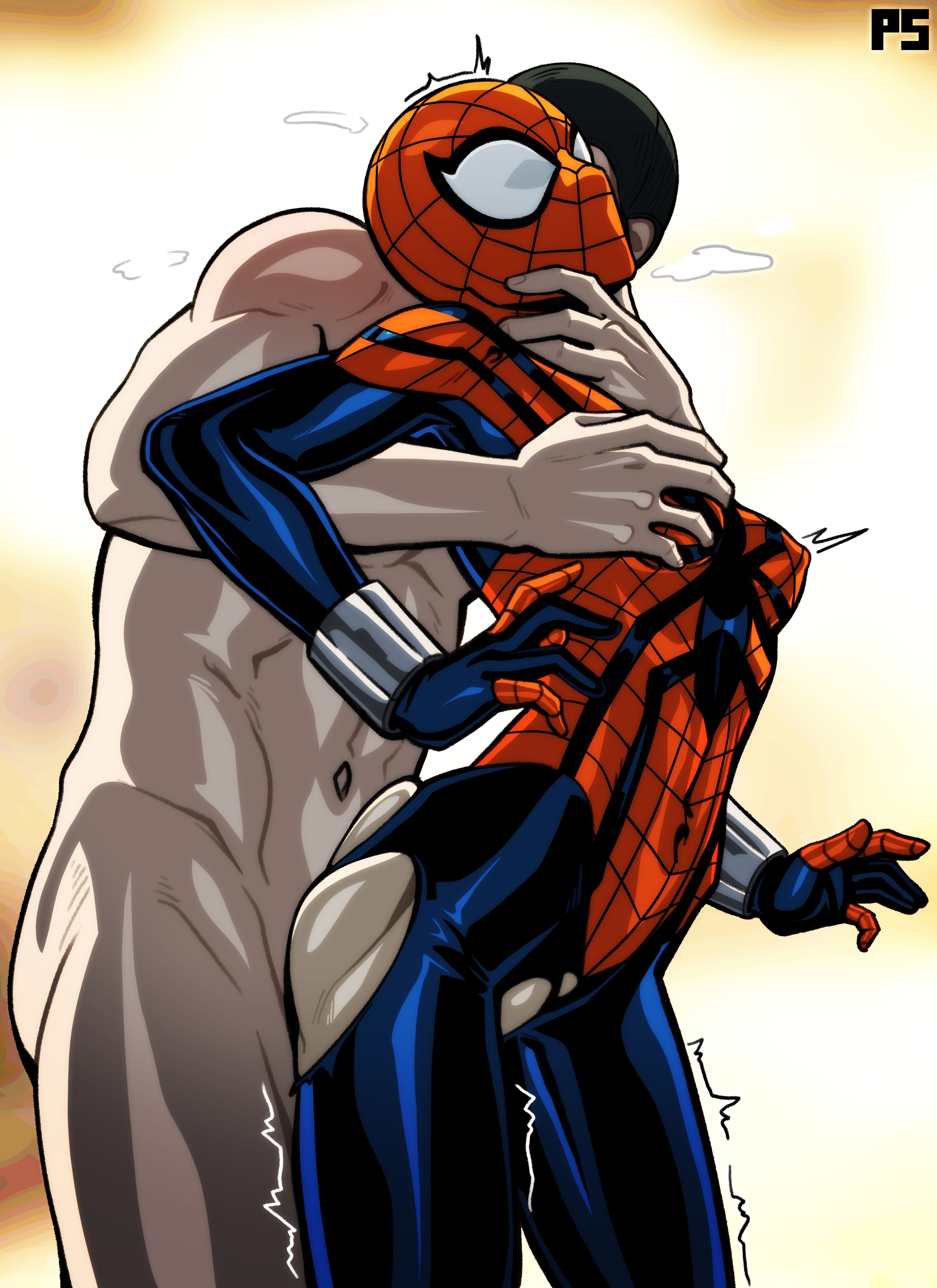 1boy, 1girls, 2d, 2d (artwork), 2d artwork, absurd res, ambiguous penetration, clothed female nude male, duo, female, from behind, from behind position, grabbing, grabbing another's breast, grabbing breasts, light skin, light-skinned female, light-skinned male, male, marvel, marvel comics, mayday parker, mc2, nude, nude male, nude male clothed female, penetration, penis, pumpkinsinclair, spider girl, spider-girl, spider-man (series), superhero costume, superheroine