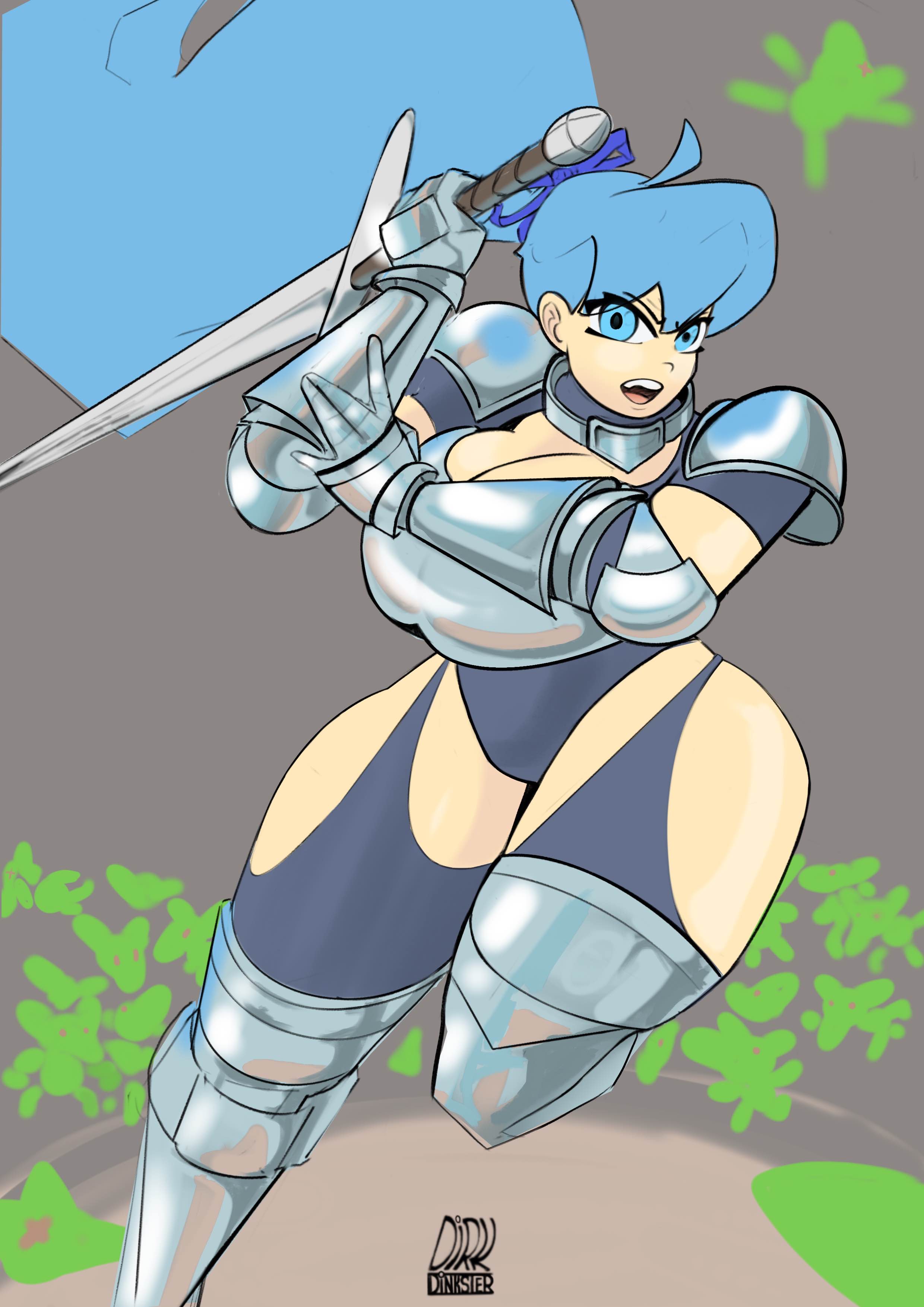 azure (badcolor), azure (heroine conquest), badcolor, big breasts, blue eyes, blue hair, dirk dinkster, fanart, female, female only, heroine conquest, knight, knight armor, large breasts, sword, tagme, thighs