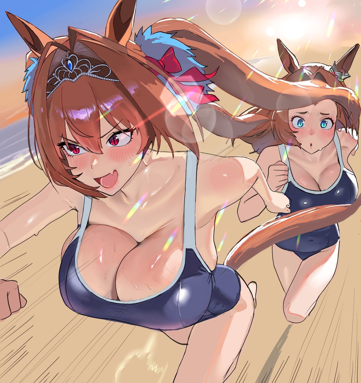 2d, 2girls, ahoge, beach, belly, belly button, big breasts, blue eyes, blue gemstone, blush, blush lines, breasts bigger than head, breathing, brown hair, cleavage, compressed breasts, daiwa scarlet (umamusume), female, female only, glistening body, hair between eyes, hair ornament, hair ribbon, hairtie, hintobento, horse ears, horse girl, hot pink eyes, huge breasts, kawakami princess (umamusume), long hair, one-piece swimsuit, pink ribbon, red eyes, running, sand, school swimsuit, shadow, sky, smiling, sunlight, sweat, sweaty, sweaty body, sweaty breasts, swimsuit, tagme, tail, tiara, tight suit, training, twintails, umamusume, umamusume pretty derby, very long hair, water