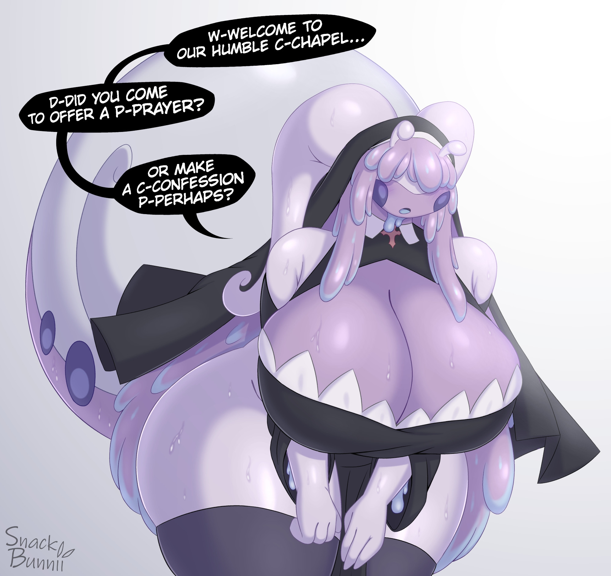 1girls, anthro, big breasts, biped, bodily fluids, breasts, cleavage, clothed, clothing, dialogue, english text, female, female only, furry, generation 8 pokemon, goodra, hi res, hisuian form, hisuian goodra, huge breasts, legwear, multicolored body, nintendo, nun, pokemon, pokemon (species), purple body, regional form (pokemon), ruru (muroo), simple background, snackbunnii, solo, speech bubble, sweat, sweaty breasts, talking to viewer, text, thick thighs, thigh highs, wide hips