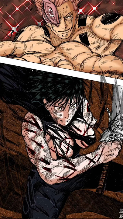artist request, attack, attacked, attacking, big breasts, blood, blood on face, breasts, breasts out, breasts out of clothes, covering nipple, covering nipples, cuts, cuts on arms, cuts on chest, edit, fight, fighting, fighting pose, four arms, gege akutami, jujutsu kaisen, large breasts, maki zenin, manga page, manga style, naughty face, pink hair, round breasts, ryoumen sukuna (jujutsu kaisen), scars, scars all over, scars on arm, scars on breast, scars on chest, scars on face, semi nude, short hair, style emulation, style imitation, style parody, suggestive, suprised, suprised expression, suprised look, sword, tearing clothes, tearing clothing, tearing off clothes, zenin maki