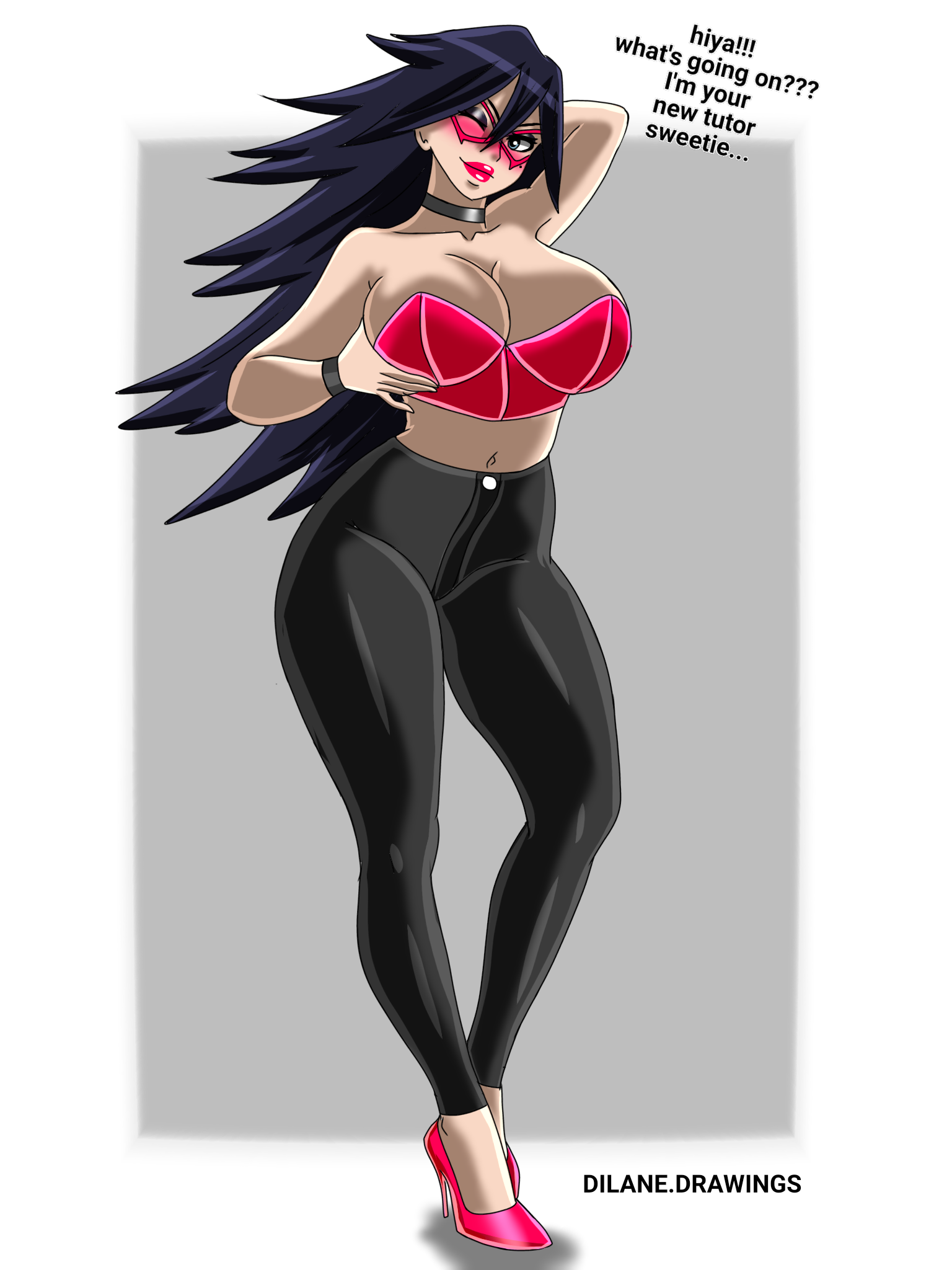 arm behind head, big breasts, boku no hero academia, choker, choker collar, corset, corset bra, dilane93, grabbing own breast, groping breast, groping own breast, high heels, high-waist pants, jeans, kayama nemuri, leather pants, leggings, midnight (my hero academia), my hero academia, nemuri kayama, one eye closed, red lipstick, sexy body, sexy female, sexy pose, smiling at viewer, stiletto heels, thick, thick legs, thick thighs, tight clothing, tight pants, wink, winking at viewer, wristband