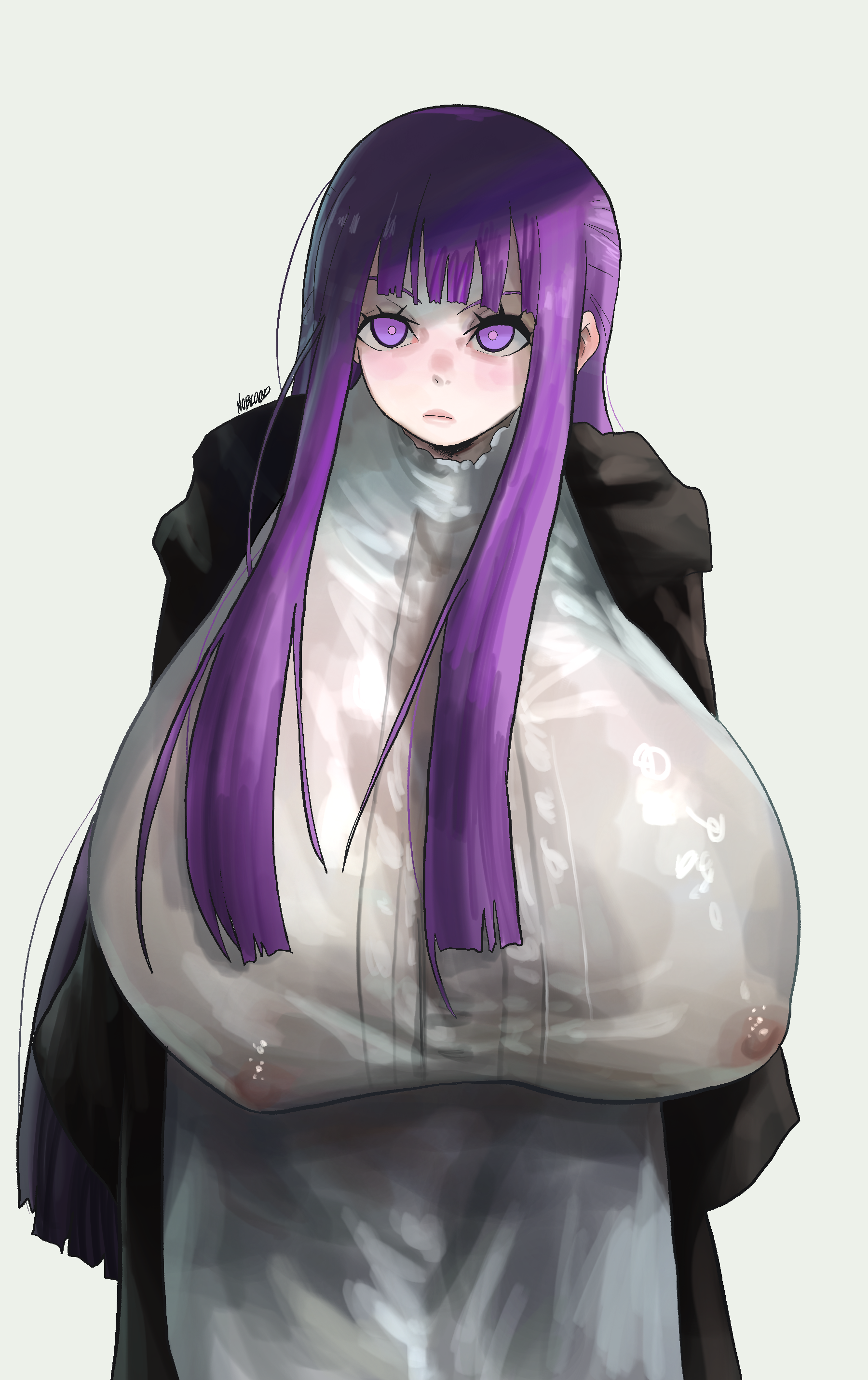 1girls, areolae, big breasts, big nipples, breasts, breasts bigger than head, breasts bigger than torso, busty, clothing, dress, erect nipples, female, female only, fern (sousou no frieren), hanging breasts, huge breasts, hyper breasts, large breasts, looking at viewer, massive breasts, nipple bulge, nipples, nipples visible through clothing, no bra, noblood, png, purple eyes, purple hair, ryandomonica, solo, sousou no frieren, thick thighs, top heavy, wide hips