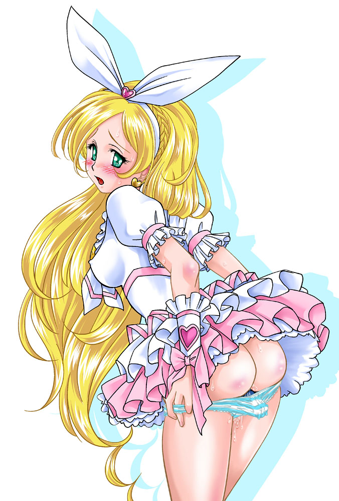 1girls ass blonde_hair blush breasts clothed_masturbation clothing cure_rhythm dildo dildo_under_panties dress earring earrings erect_nipples erect_nipples_under_clothes female green_eyes jewelry long_hair magical_girl masturbation minamino_kanade open_mouth panties panty_pull precure pretty_cure pussy_juice small_breasts solo striped striped_panties suite_precure sweat thighs tongue underwear yawuyi_l