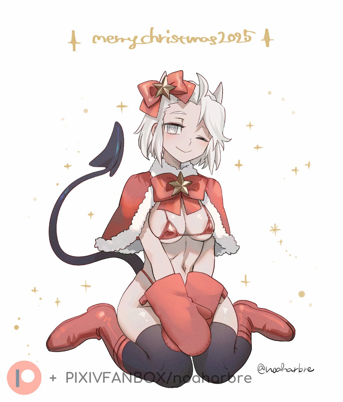 christmas, christmas bikini, demon, demon girl, demon horns, demon tail, helltaker, justice (helltaker), noah (tettsui-sole), noaharbre, tagme, thighhighs, white hair