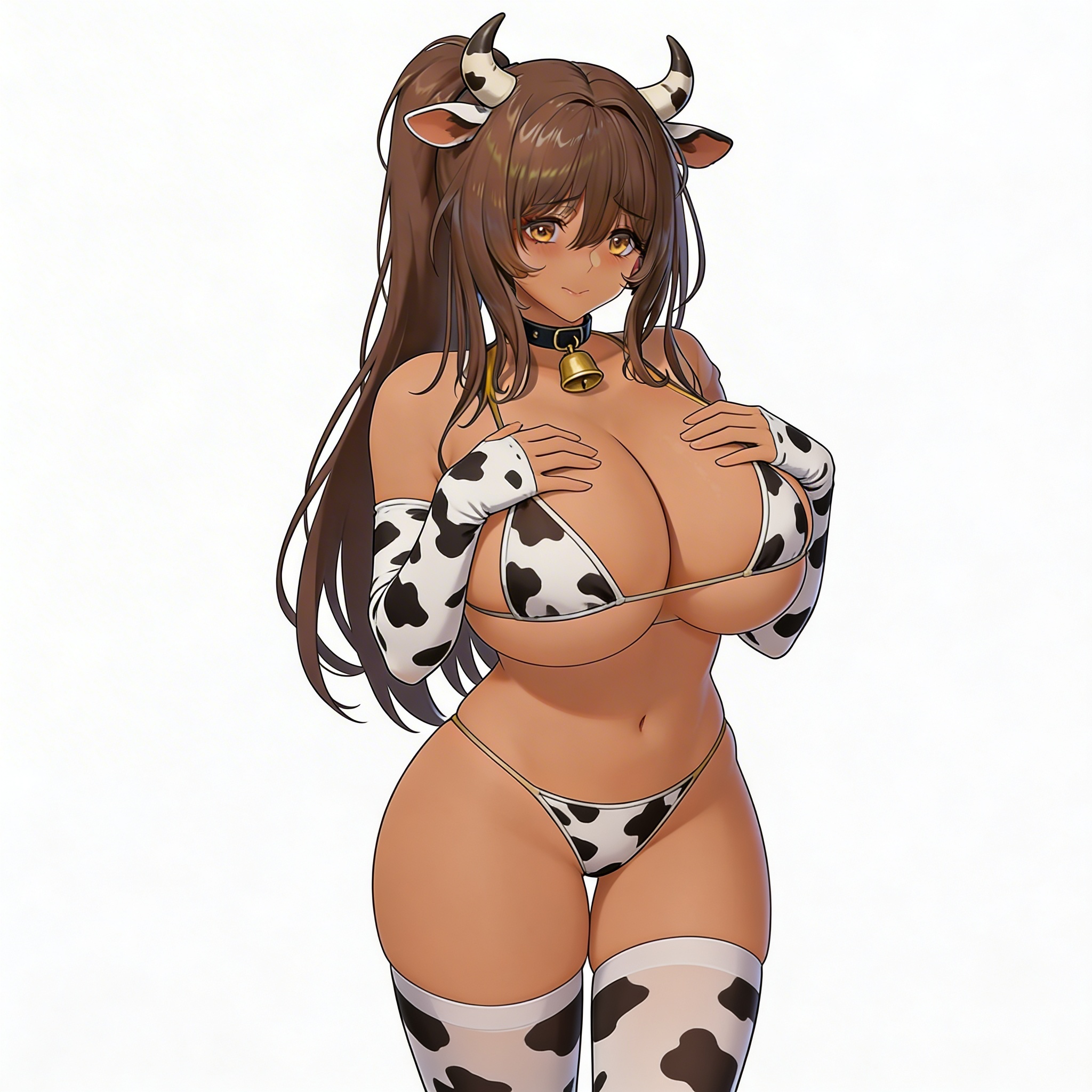 accurate art style, ai generated, brown hair, brown skin, cow girl, cow print, dark-skinned female, edit, edited, female, female only, goddess of victory: nikke, hips, huge breasts, noir (nikke), video game character, yellow eyes