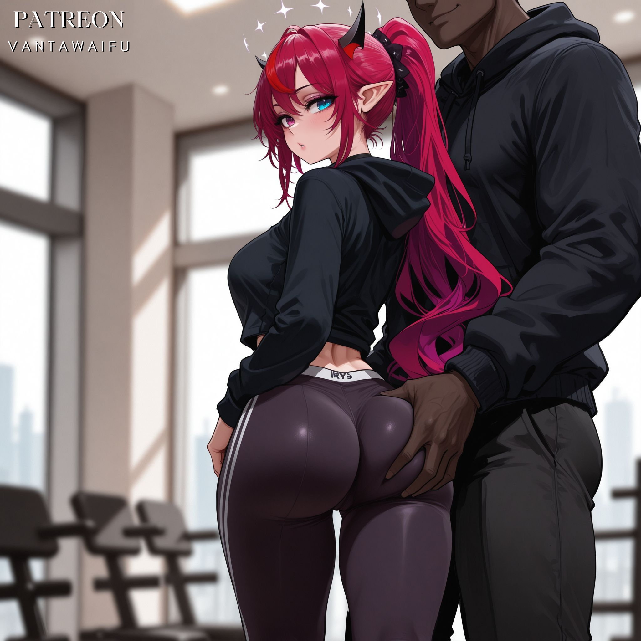 1boy, ai generated, alternate costume, ass, ass focus, ass grab, black hoodie, black horns, black pants, blue eyes, blurry background, blush, breasts, character name, clothing, cropped hoodie, dark skin, dark-skinned male, demon horns, earrings, faceless, faceless male, female, from behind, grabbing another's ass, groping, gym, hair between eyes, halo, heterochromia, hololive, hololive english, hood, hoodie, horns, huge ass, indoors, interracial, irys (hololive), large breasts, long hair, long sleeves, looking at viewer, looking back, male, multicolored hair, multiple horns, pants, pantylines, pink eyes, pointy ears, ponytail, purple hair, red eyes, red hair, scrunchie, smile, star halo, straight, streaked hair, thong, tight clothes, tight pants, vantawaifu, very dark skin, very long hair, virtual youtuber, yoga pants