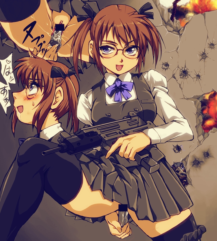 blush brown_hair bullet_hole casual censored clothing drooling female firearm glasses gun hair_ribbon handgun human imi_uzi insertion kamisimo_90 machine_pistol magazine_(weapon) masturbating_with_weapon masturbation multitasking open_mouth original panties panties_around_leg panties_around_one_leg purple_eyes pussy pussy_juice ribbon saliva school_uniform short_hair short_twintails skirt smile thighhighs tied_hair twintails underwear uzi vaginal weapon