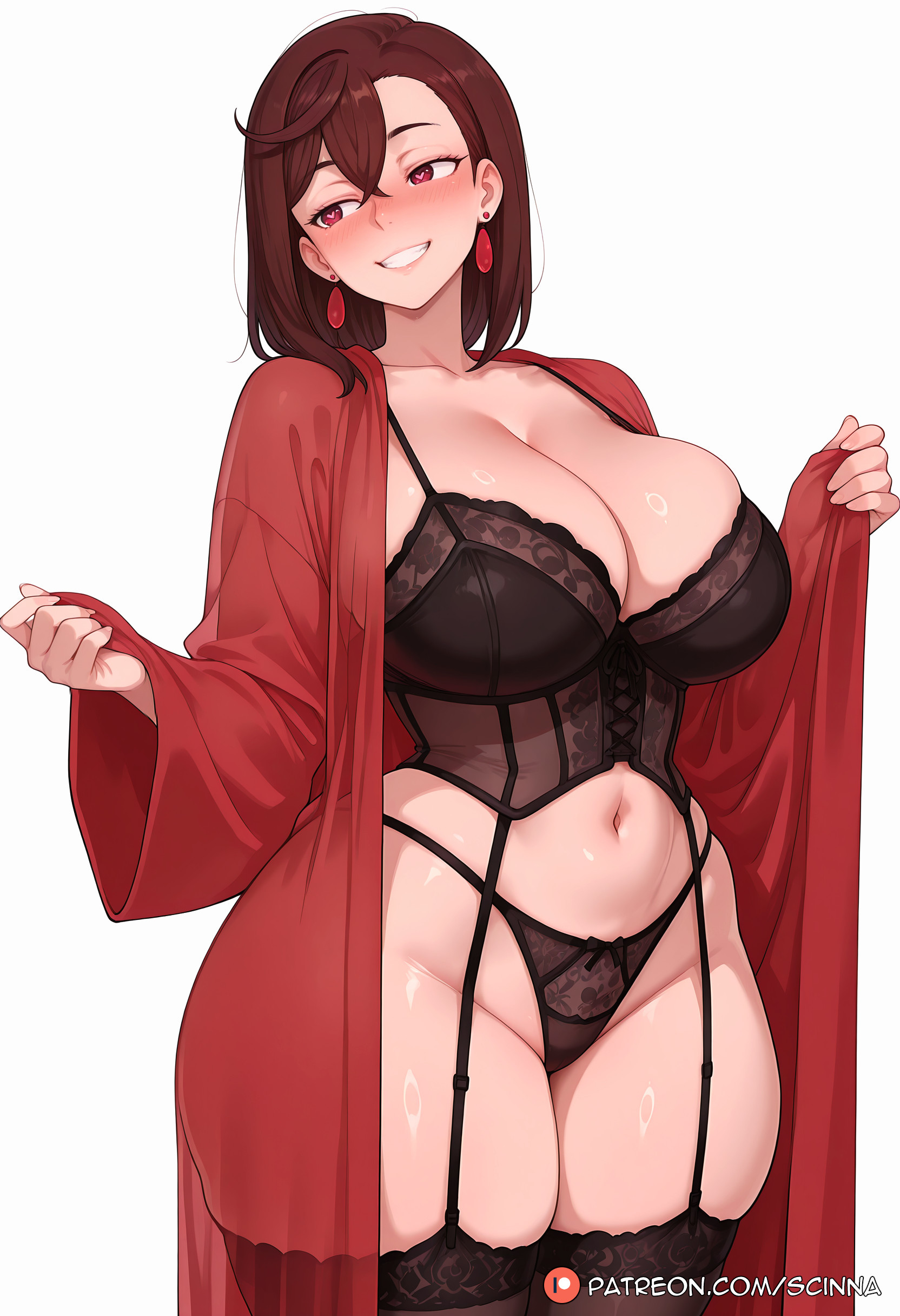 ai generated, ayase momo, black panties, black thighhighs, blush, breasts, brown hair, cleavage, collarbone, corset, curvaceous, curvaceous body, curvy, curvy body, curvy female, dandadan, earrings, female, garter belt, garter straps, grin, hair between eyes, huge breasts, jewelry, large breasts, lingerie, looking to the side, mature female, momo ayase, navel, open clothes, open robe, panties, patreon logo, patreon username, red eyes, red robe, robe, scinna, self upload, simple background, smile, solo, stable diffusion, stomach, thick thighs, thighhighs, thighs, underwear, voluptuous, voluptuous body, voluptuous female, web address, white background, wide sleeves