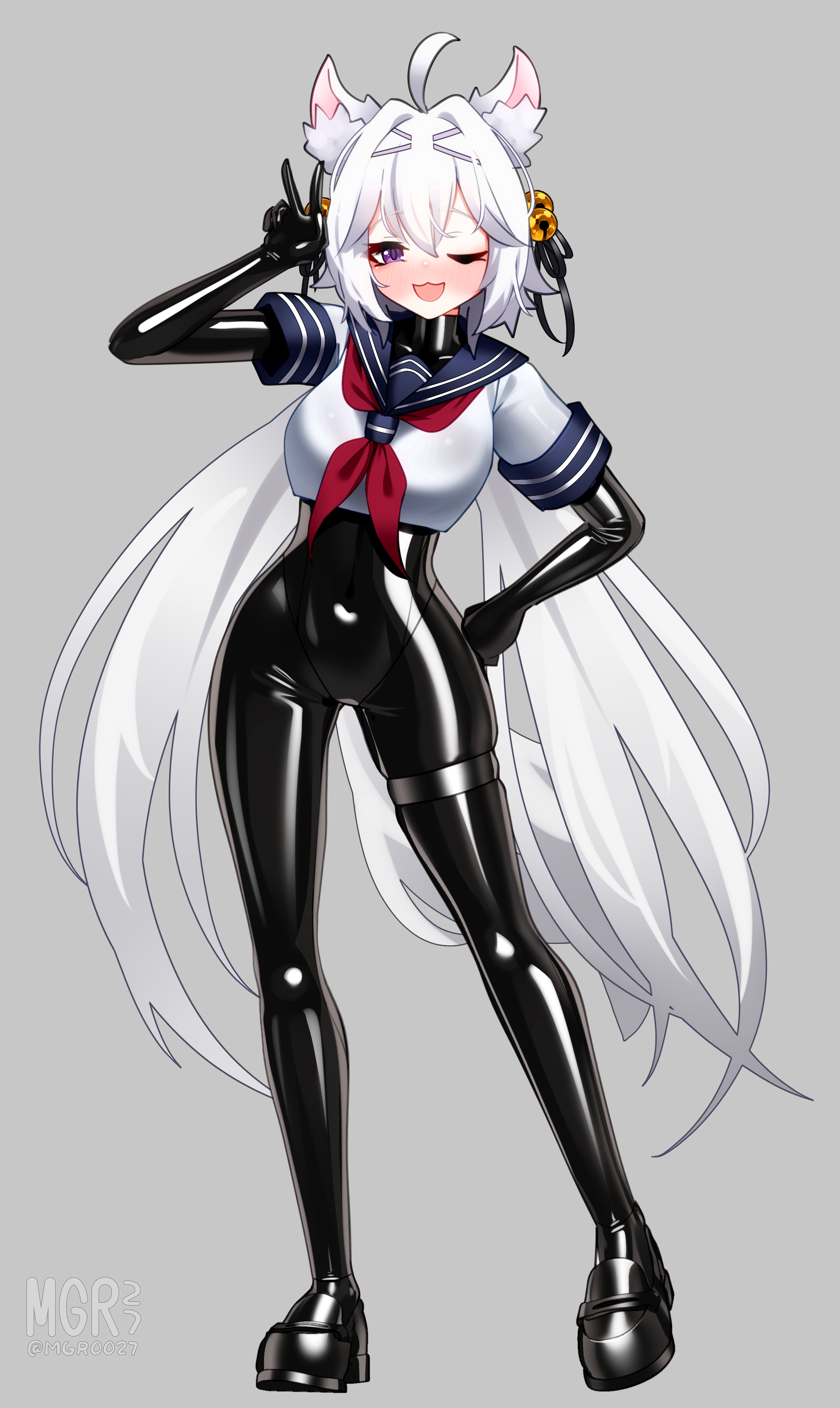1girls, absurdres, ahoge, animal ear fluff, animal ears, black bodysuit, bodysuit, boots, breasts, clothed, clothed female, cropped shirt, female, female only, filian (vtuber), highres, hips, impossible bodysuit, impossible clothes, indie virtual youtuber, jpeg, latex, latex bodysuit, long hair, looking at viewer, maguro27, medium breasts, neckerchief, open mouth, purple eyes, red neckerchief, rindo (vrchat), shirt, short sleeves, skin tight, skin tight suit, skindentation, solo, standing, thigh strap, tight clothing, v, very long hair, virtual youtuber, vtuber, white hair, white shirt, wide hips