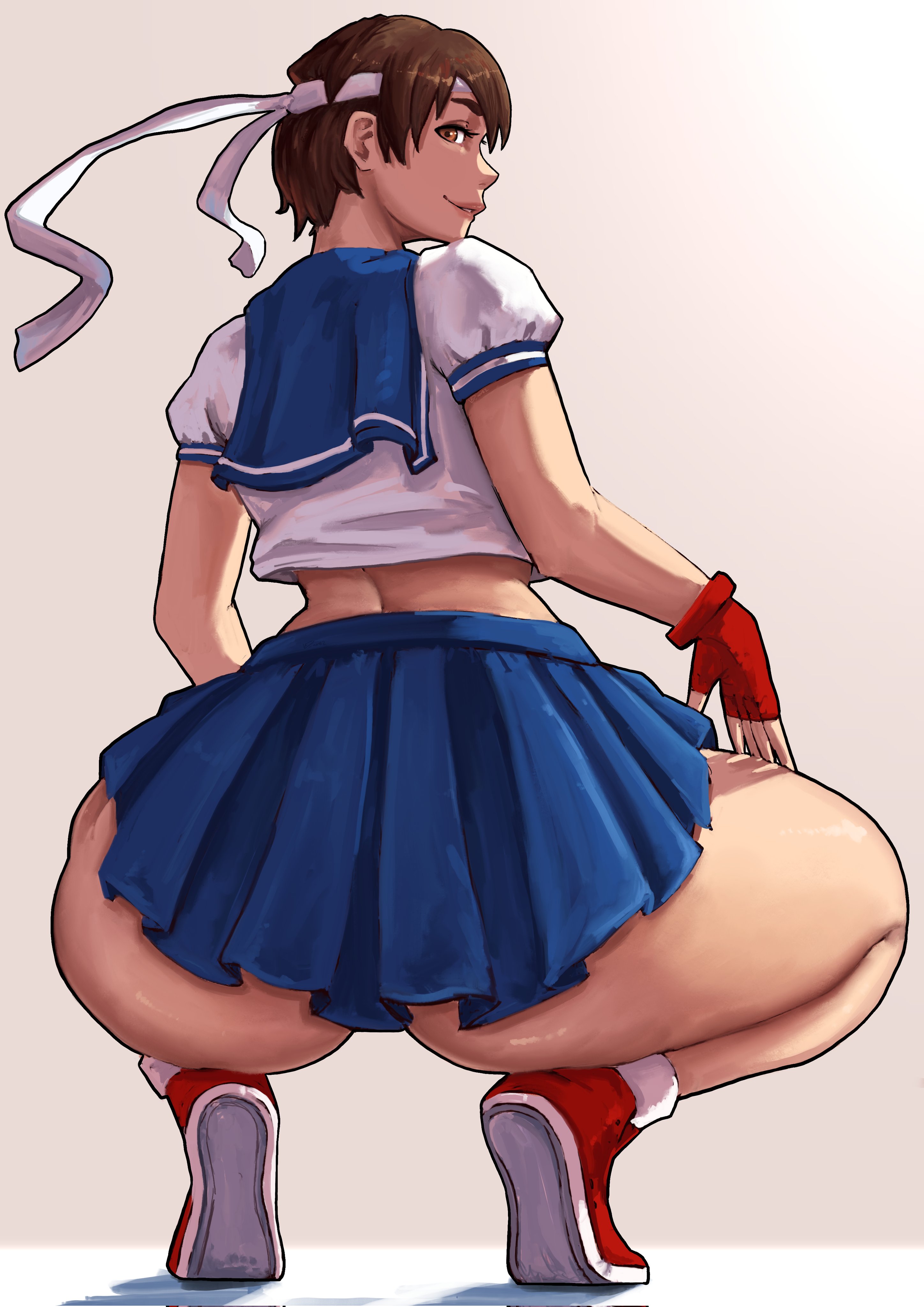 1girls, ass, ass focus, ass hanging out, ass hanging out of skirt, big ass, bottomless, bottomless skirt, brown eyes, brown hair, capcom, clothing, female, female focus, female only, from behind, gloves, headband, looking back, sakura kasugano, school uniform, schoolgirl, short hair, skirt, smile, solo, solo female, solo focus, squatting, street fighter, thick, thick ass, thick thighs, tomboy, ved art2