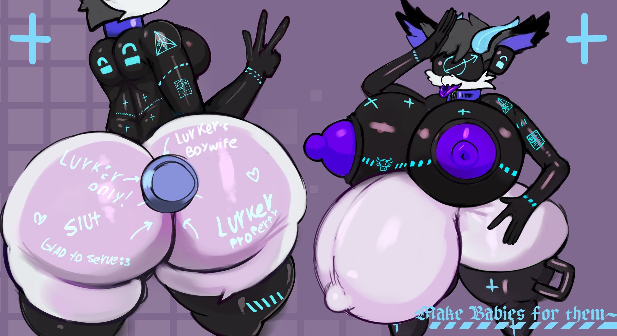 :3, anthro, anthro only, bad end, big ass, big butt, blindfold, blue tongue, brainwashed, brainwashing, breasts, breeding slave, collar, commission, drone, earplugs, futanari, gay, handlebars, handles on hips, happy, khadhunter7, lurkered, mars symbol, panties, peace sign, penis, pregnant futa, propaganda, purple collar, salute, scalie, slutboy, small penis, submissive, tattoo, tongue out, trans, v sign, willing sex slave, writing on butt, yehnie