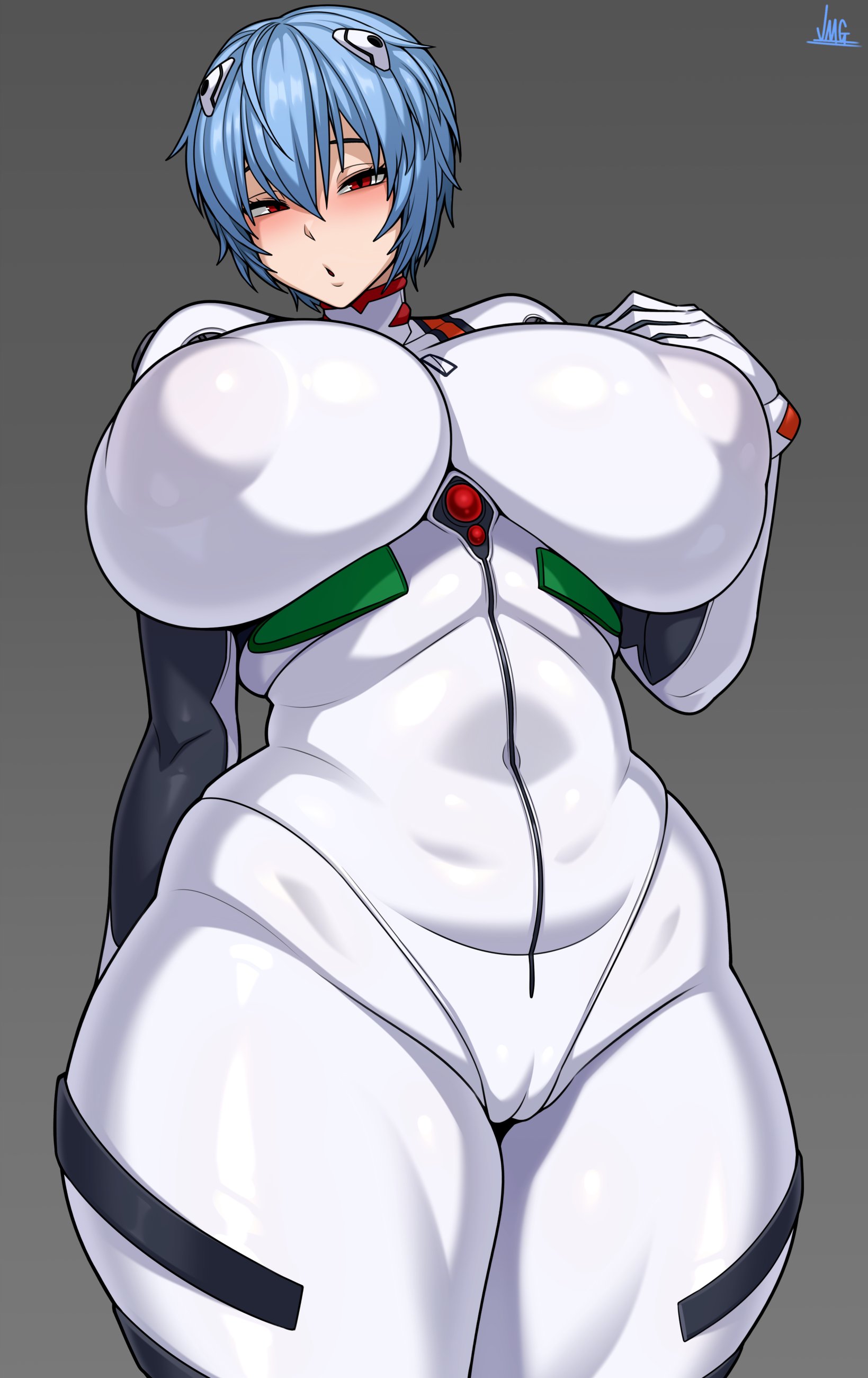 1girls, breasts, breasts bigger than head, female, female focus, female only, jmg, large breasts, light skin, light-skinned female, looking at viewer, neon genesis evangelion, plugsuit, rei ayanami, solo, thick thighs, thighs, wide hips