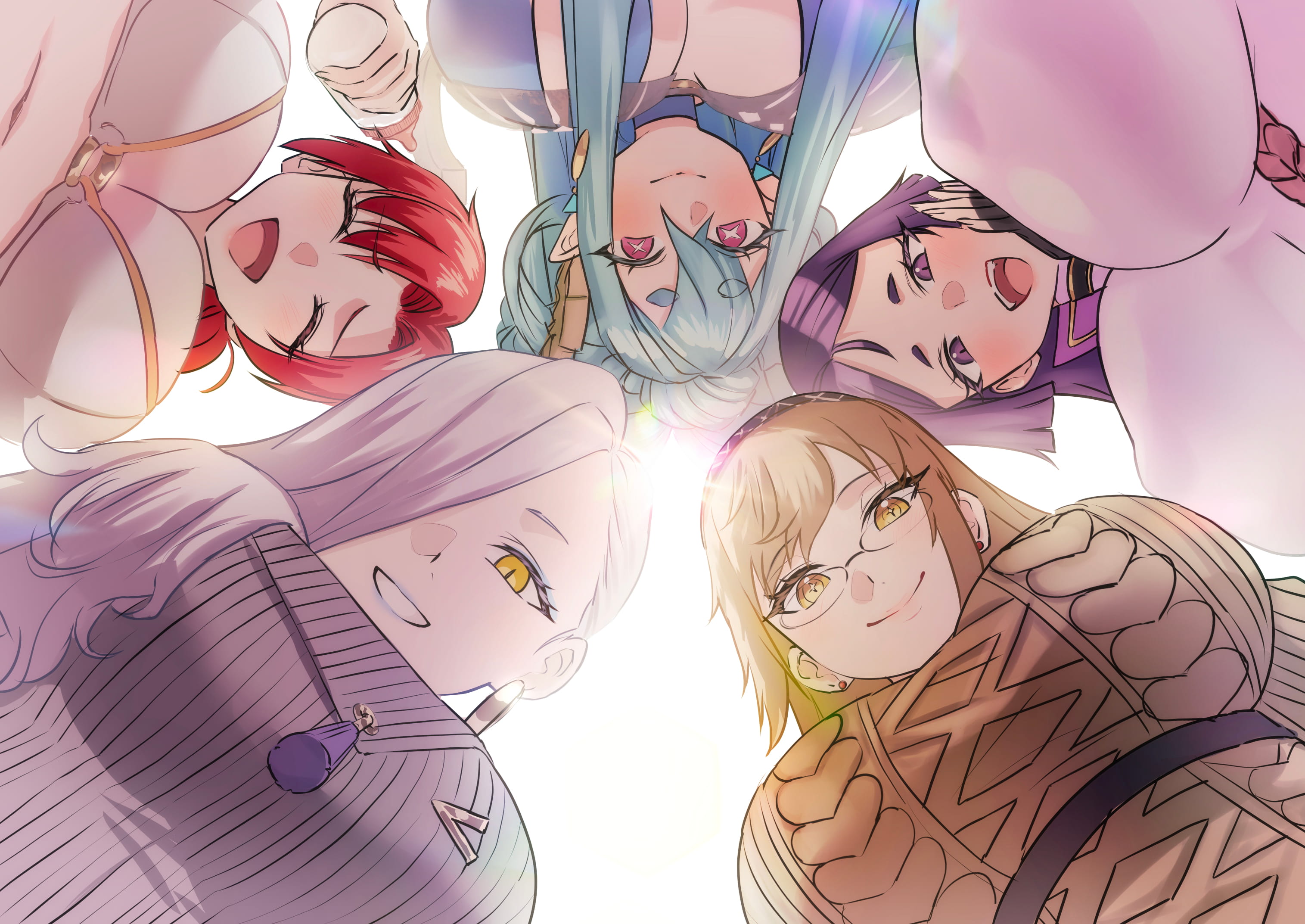 5girls, aguno, aqua hair, big breasts, bird, blonde hair, blue eyeshadow, blue lips, bottle, boudica (fate), breasts, breasts focus, chick, cleavage, closed eyes, demeter (fate), digital drawing (artwork), digital media (artwork), ear piercing, earrings, eyeshadow, fate (series), fate/grand order, female, female only, first person view, glasses, grey sweater, hair over one eye, hebinyobo (fate grand order), hebinyobo (second ascension), high resolution, highres, holding, holding bottle, holding object, hoop earrings, horns, huge breasts, long hair, looking at viewer, low-angle view, makeup, mature female, mature woman, milf, minamoto no raikou (fate/grand order), multiple girls, omi-san (fate), open mouth, piercing, pointy ears, pov, purple eyes, purple hair, red hair, servant, sfw, shibao aoyama, smile, smiling, sweater, symbol-shaped pupils, tiamat (fate), upper body, very long hair, white hair, x-shaped pupils, yellow eyes