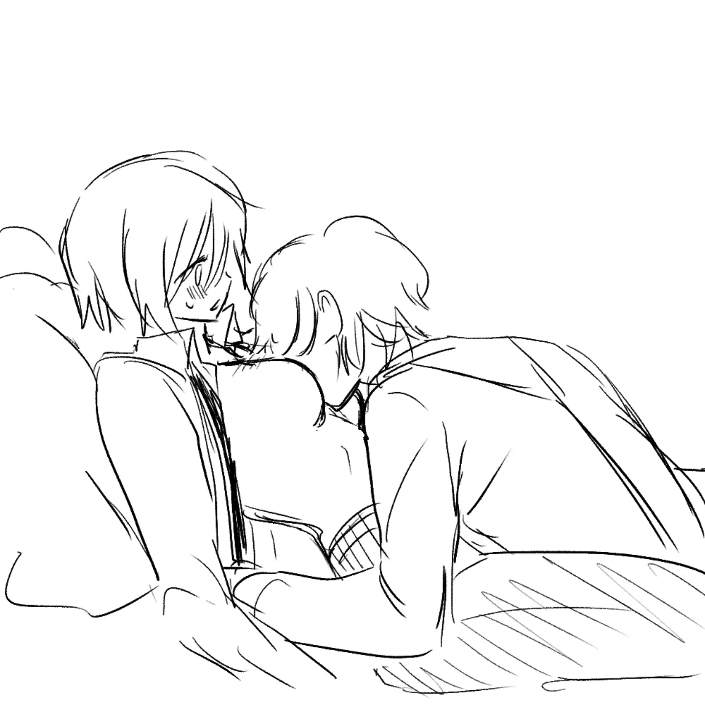 1boy, 1girls, bed, blush, blushing, breasts, comic, don quixote (limbus company), face in breasts, jacket, large breasts, limbus company, long sleeves, nugii, on bed, pants, project moon, shirt, shirt pull, short hair, sinclair (limbus company)