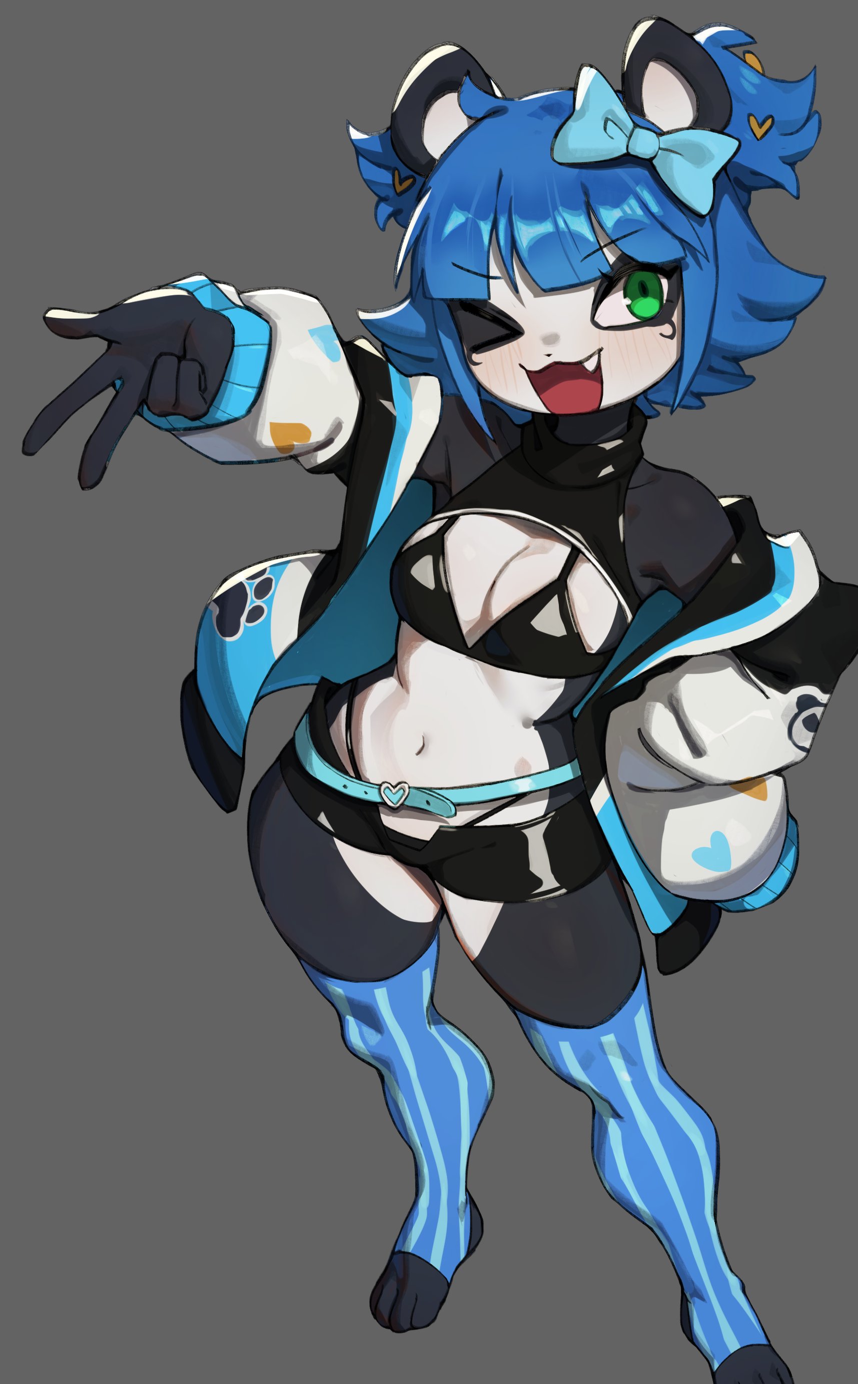 1girls, anthro, blue hair, blush, clothing, commission, female, female only, flowerpigeon73, fur, furry, green eyes, grey background, hair ribbon, hi res, jacket off shoulders, legwear, looking at viewer, nuwa nightstone, oerba yun fang, open mouth, panda, simple background, smiling, smiling at viewer, solo, stirrup legwear, thighhighs, ursid, ursine, very high resolution, wink, winking at viewer