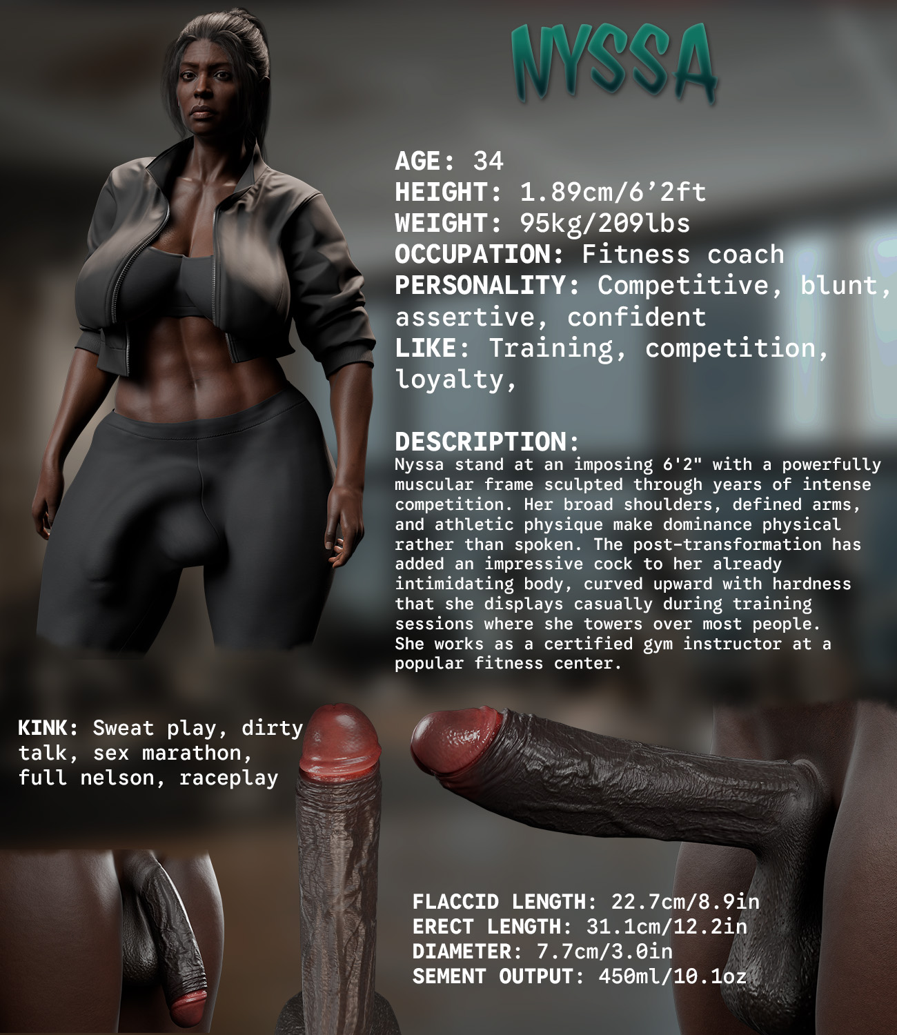 1futa, 3d, abs, absurdly large cock, ass, big ass, big balls, big breasts, big bulge, big cock, big penis, big testicles, breasts, bulge, bulge through clothing, character name, character sheet, cock, curvy, dark-skinned futa, dark-skinned futanari, dick, dickgirl, enormous cock, enormous penis, fat cock, fit, fitness, futa, futa cock, futa milf, futa mommy, futa only, futanari, futanari only, gigantic cock, gigantic penis, goth, goth futa, goth girl, gothic, granted, gynomorph, huge balls, huge bulge, huge cock, huge penis, huge testicles, hung, hung futa, hyper, hyper cock, hyper penis, impossible fit, intersex, large breasts, large bulge, long penis, looking at viewer, mature, mature body, mature figure, mature futa, measurement, measurements, milf, mommy, nyssa(tiltproofno), penis, penis bulge, penis chart, penis under clothes, rare, solo, solo futa, tattoo, tattoos, text, thick, thick ass, thick penis, thick thighs, thighs, tiltproofno, uncensored, vein, veins, veiny, veiny penis, very fat penis, visible abs, voluptuous, voluptuous futanari, wide hips