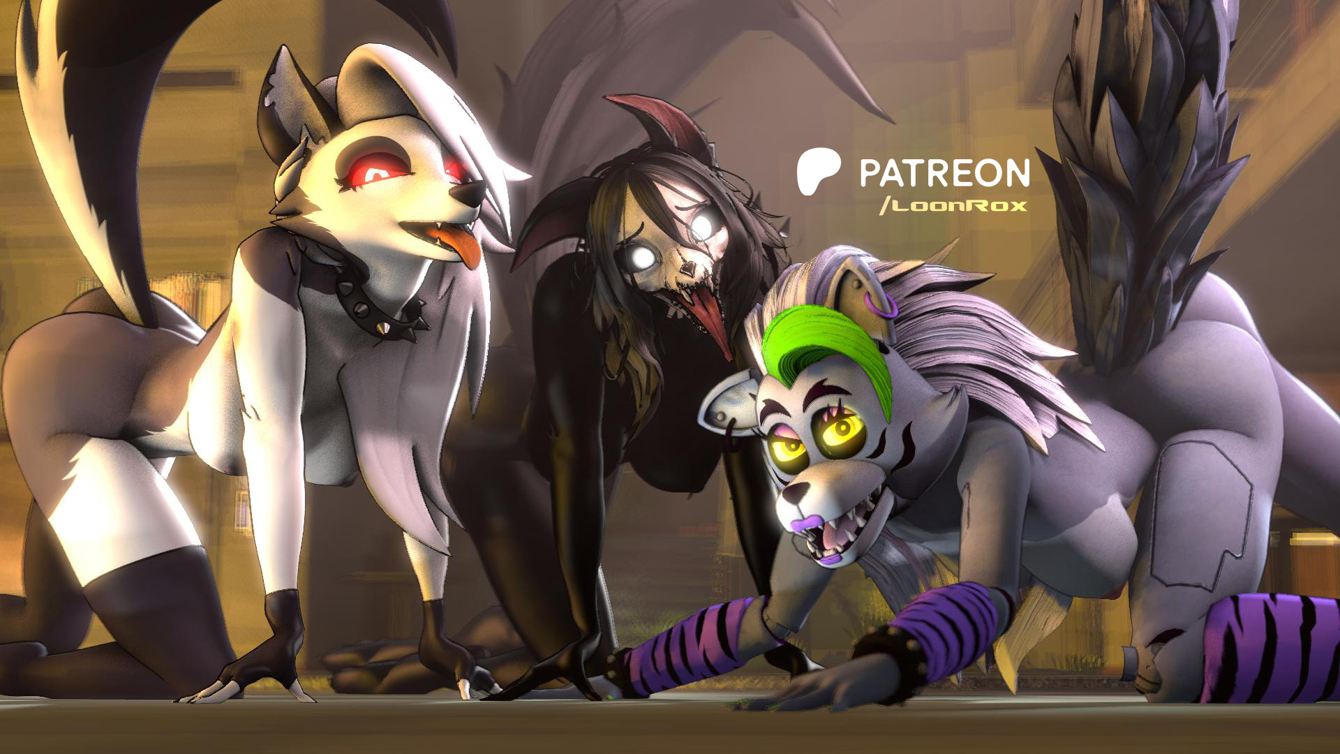 16:9, 3d, 3d (artwork), 3girls, angry face, anthro, apartment, apartment building, ass up, black ass, black body, black breasts, black collar, black ears, black eyebrows, black fur, black gloves, black hair, black nails, black nipples, black socks, black tail, blue ass, blue body, blue breasts, blue ears, blue fur, blue hair, blue nails, blue skin, blue tail, crossover, dog pose, ear, ear piercing, ear ring, ears down, ears up, evil eyes, evil face, evil grin, evil smile, female, female anthro, female only, five nights at freddy's, floor, fnaf, furry, furry ass, furry breasts, furry ears, furry female, furry only, furry robot, furry tail, girls, girls only, green hair, green nails, grey ass, grey body, grey fur, grey nipples, grey skin, helluva boss, kitchen, living room, loona (helluva boss), mal0, malo, naked, naked female, naked furry, nipples, open mouth, patreon, patreon username, paws, purple gloves, purple socks, red eyes, robot, robot girl, roxanne wolf (fnaf), sad face, scp foundation, scp-1471, scp-1471-a, sfm, skull, skull head, smile, smiling, source filmmaker, source filmmaker (artwork), tongue out, wall, white body, white breasts, white eyes, white fur, white hair, white nails, white skin, wolf, wolf ears, wolf girl, wolf tail, yellow eyes