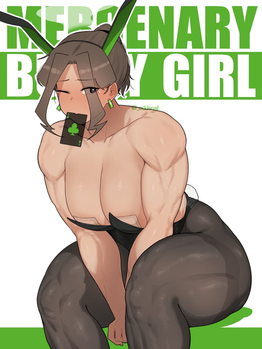 1girls, absurd res, ace (playing card), ace of clubs, artist name, blush, breasts, bunny ears, bunny tail, bunnysuit, card, cleavage, club (shape), earrings, geumgang (oddsnail), highres, huge breasts, jewelry, large breasts, leaning forward, leotard, muscular, muscular female, muscular thighs, oddsnail, original, pantyhose, playboy bunny, playing card, simple background, solo, tears, thick thighs, thighs, white background
