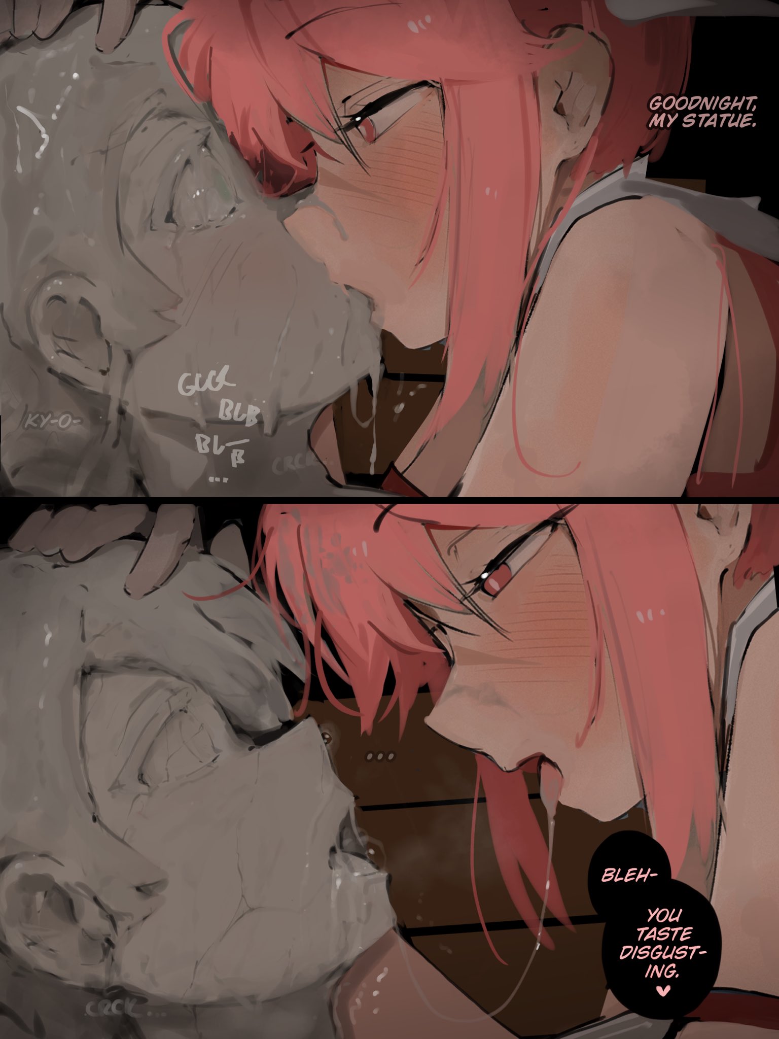 2boys, 2d, alterkyon, cement, consensual, death, dialogue, femboy, gloves, kyon (alterkyon), male death, male focus, petrification, pink eyes, public, public nudity, saliva, saliva string, saliva trail, snuff, tagme, willing, yaoi