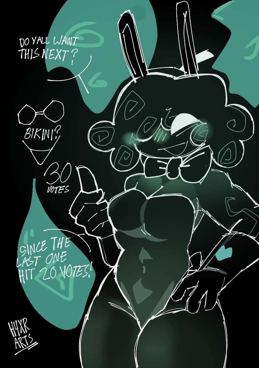 black background, bowtie, bunny ears, bunnysuit, clothed, dialogue, love maniac, nebby (lovemaniac), pantyhose, short hair, smiling, smiling at viewer, text, thick thighs, undertale (series), undertale au, watermark