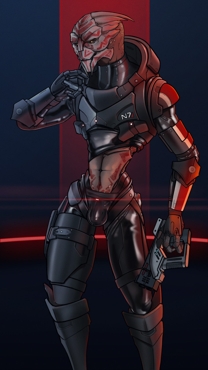 alien armor bodypaint bulge cierras detailed_bulge face_paint glowing gun handgun hi_res holding_gun holding_object holding_weapon male mass_effect midriff navel pistol ranged_weapon solo standing turian video_games weapon