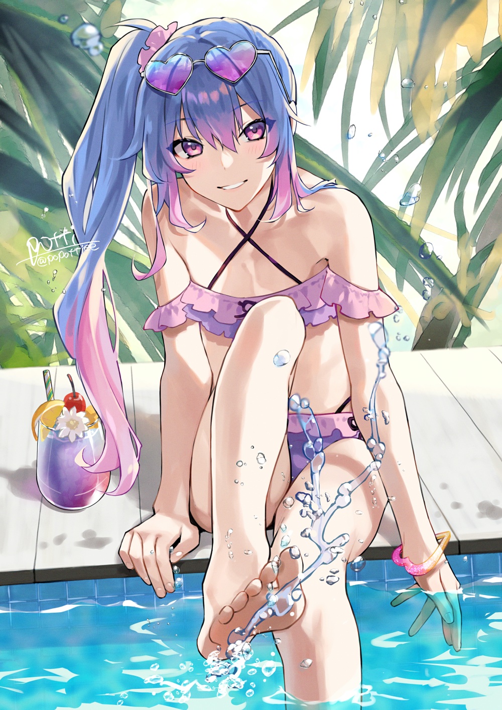 1boy arm_support bangs barefoot bikini blue_hair blush bracelet cherry commentary_request commission crossdressing cup dorsiflexion drinking_glass drinking_straw eyes_visible_through_hair feet femboy feminine feminine_male flat_chest flower food foot_out_of_frame fruit girly gradient_hair heart heart-shaped_eyewear heart_bracelet highres jewelry knee_up leaning_forward legs long_hair looking_at_viewer male_focus multicolored_hair off-shoulder_bikini off_shoulder orange_(fruit) orange_slice original otoko_no_ko otokonoko outdoors pink_bikini pink_eyes pink_hair poolside potti-p purple_bikini shadow side_ponytail sidelocks sitting skeb_commission solo swimsuit teeth thighs toes trap twitter_username