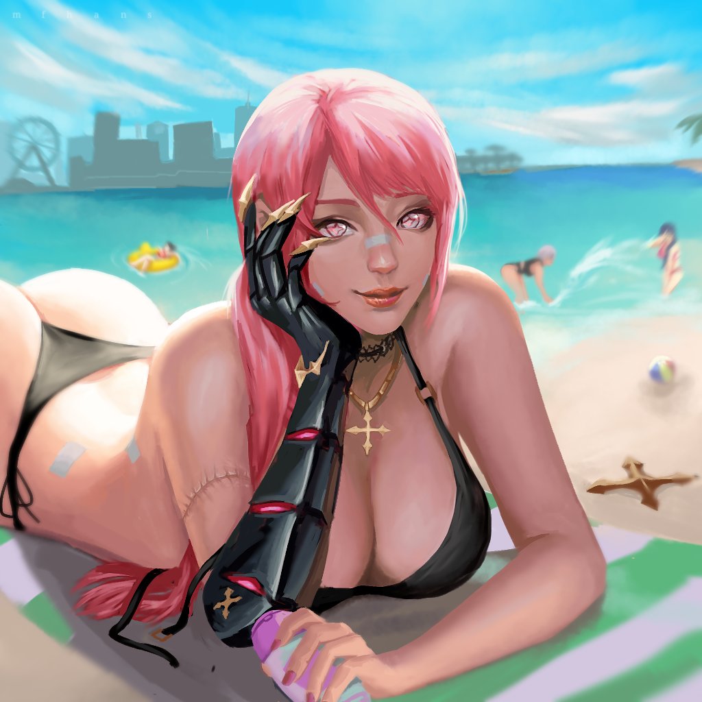 1girls adventurequest_worlds aqw aqworlds artix_entertainment ass beach big_ass big_breasts bikini bikini_strings black_bikini breasts choker city cleavage crazy_eyes cross_necklace female female_focus gauntlet large_ass large_breasts laying_down laying_on_stomach lipstick necklace nose_bandage one_glove pink_eyes pink_hair re_(aqw) smile stitches sunscreen viivi_139