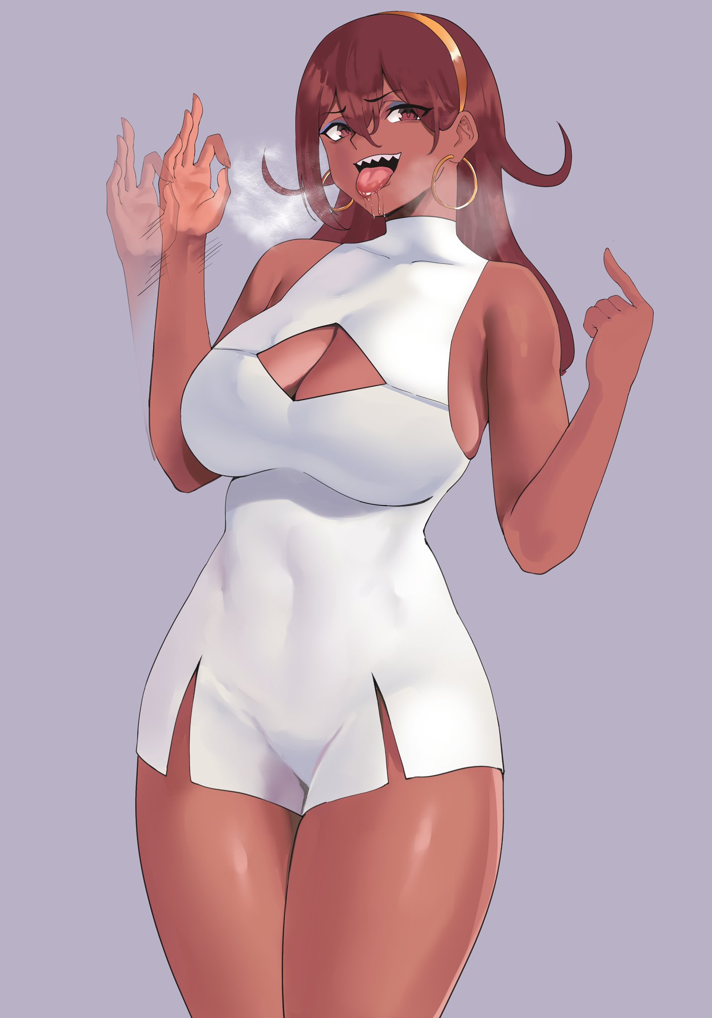 1girls, big breasts, breasts, brown eyes, brown hair, cleavage cutout, dark skin, dark-skinned female, earrings, fellatio gesture, female, female only, grey background, hairband, hi res, legs together, long hair, looking at viewer, open mouth, redraw, sharp teeth, smiling, smiling at viewer, solo, steamy breath, thick thighs, tongue, tongue out, tsona (nyantcha), voluptuous, yotahen