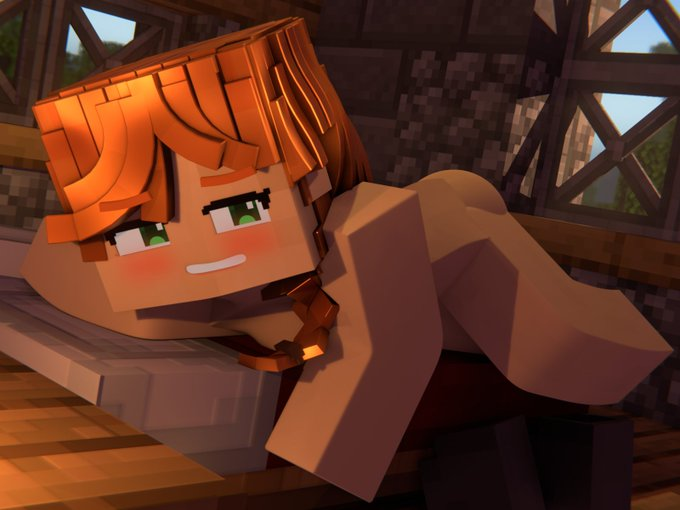 3d ass bed beveledblock blush green_eyes inside laying_down laying_on_bed minecraft nude orange_hair smile smiling