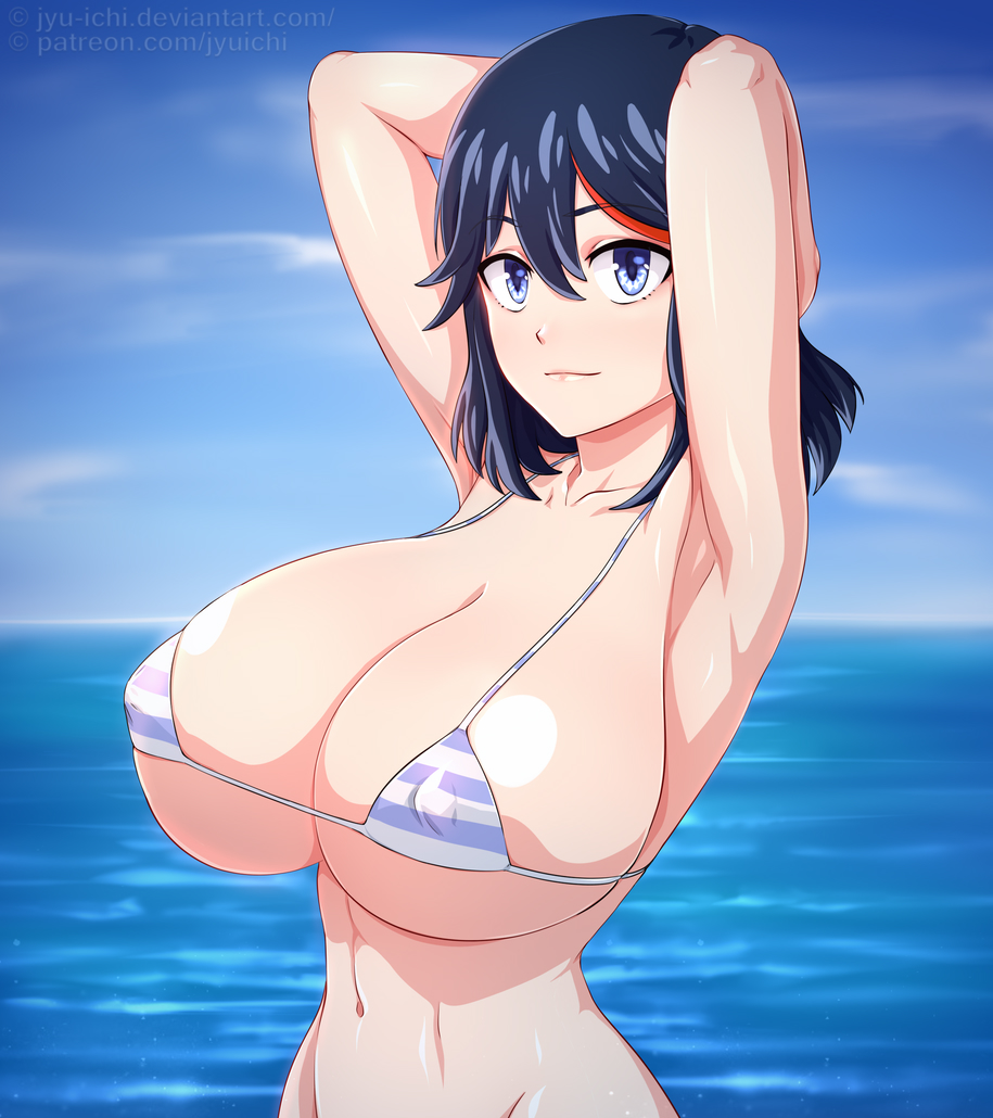 1girls armpits arms_behind_head beach black_hair blue_eyes cleavage erect_nipples fit_female huge_breasts jyuichi kill_la_kill looking_at_viewer matoi_ryuuko multicolored_hair posing red_hair seaside voluptuous