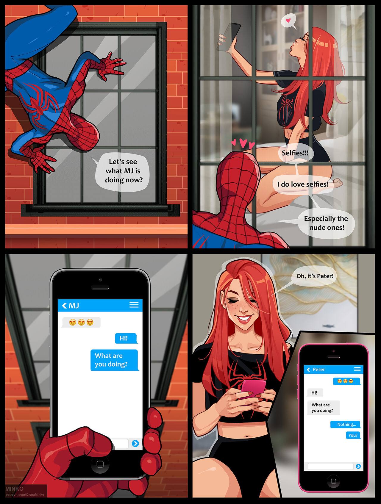 1boy, 1girls, canon couple, comic, comic page, female, male, male/female, marvel, marvel comics, mary jane watson, minko, peter parker, red hair, spider-man, spider-man (series), straight hair, superhero