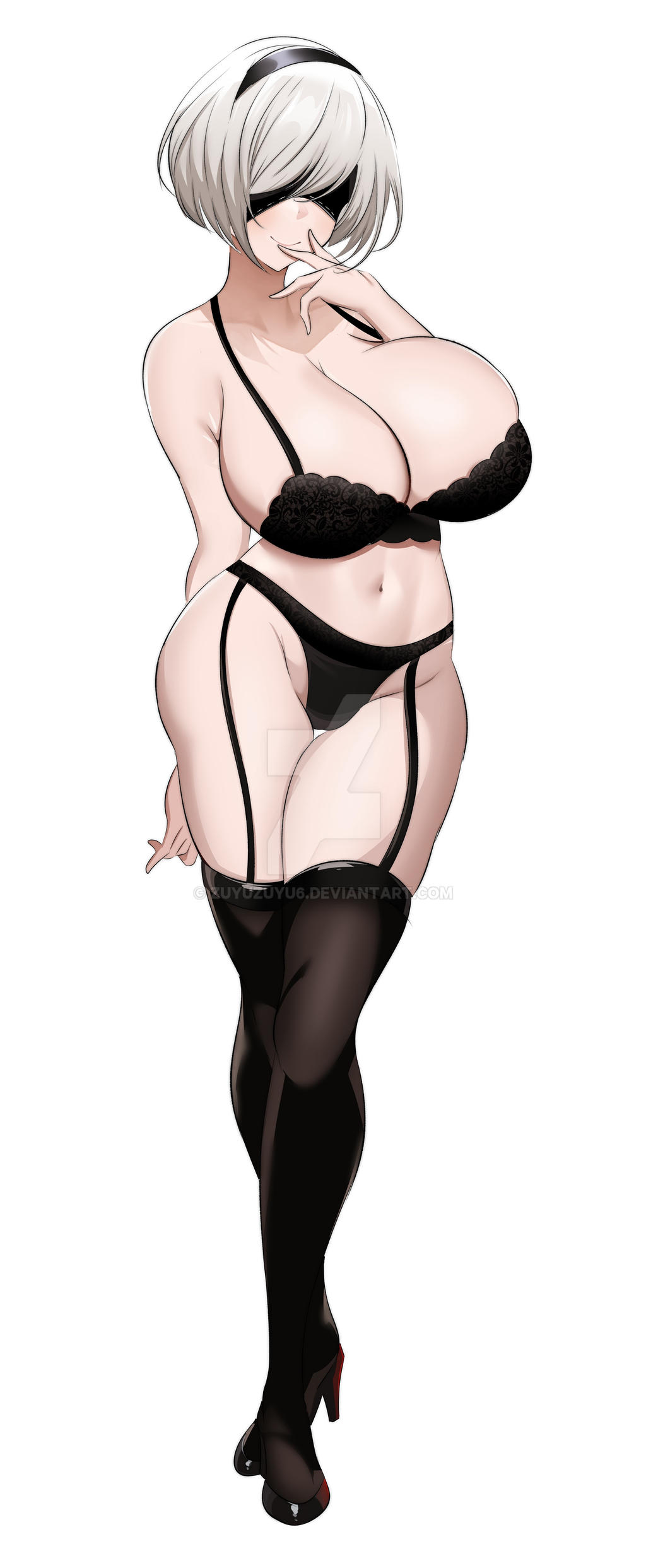 azmiyudista blindfold garter_straps high_heels huge_breasts lingerie medium_hair nier:_automata stockings thick_thighs voluptuous white_hair yorha_2b zuyuzuyu6