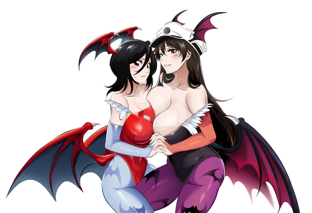 2girls animal_print ass azmiyudista bambietta_basterbine bat_print big_breasts black_hair bleach bleach:_the_thousand-year_blood_war blue_eyes breasts brown_eyes brown_hair cleavage clothing cosplay darkstalkers female female_only hand_holding hat head_wings holding_hands huge_breasts kuchiki_rukia large_breasts leotard lilith_aensland_(cosplay) long_hair medium_hair morrigan_aensland_(cosplay) multiple_girls voluptuous wings zuyuzuyu6