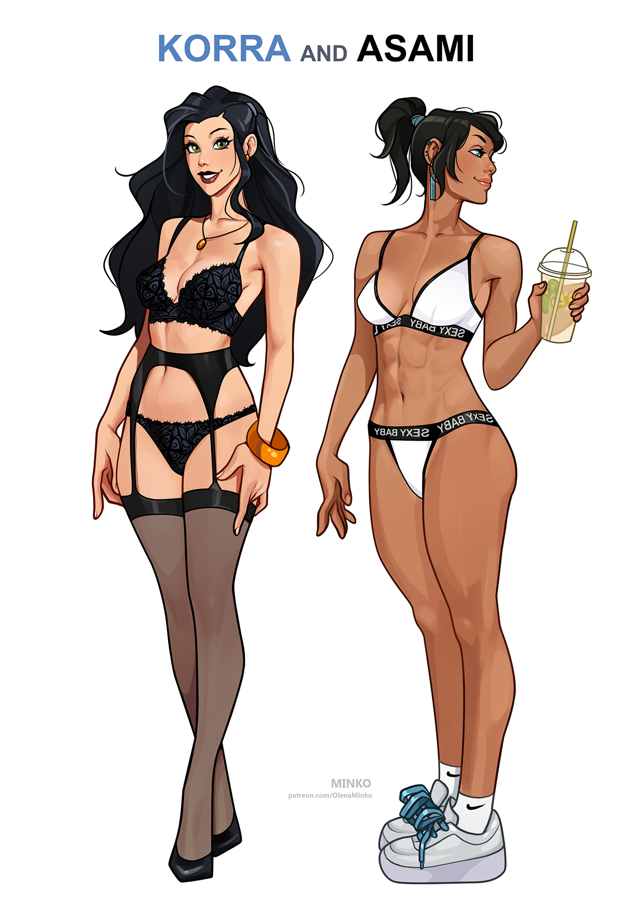 2girls, artist name, asami sato, avatar legends, black hair, black lingerie, blue eyes, bra, breasts, brown hair, canon couple, character name, dark skin, dark-skinned female, drink, female, female only, green eyes, interracial, jewelry, korra, light skin, light-skinned female, lingerie, minko, muscular, muscular female, panties, small breasts, sneakers, stockings, the avatar, the legend of korra, underwear, water tribe, white background, white lingerie, yuri