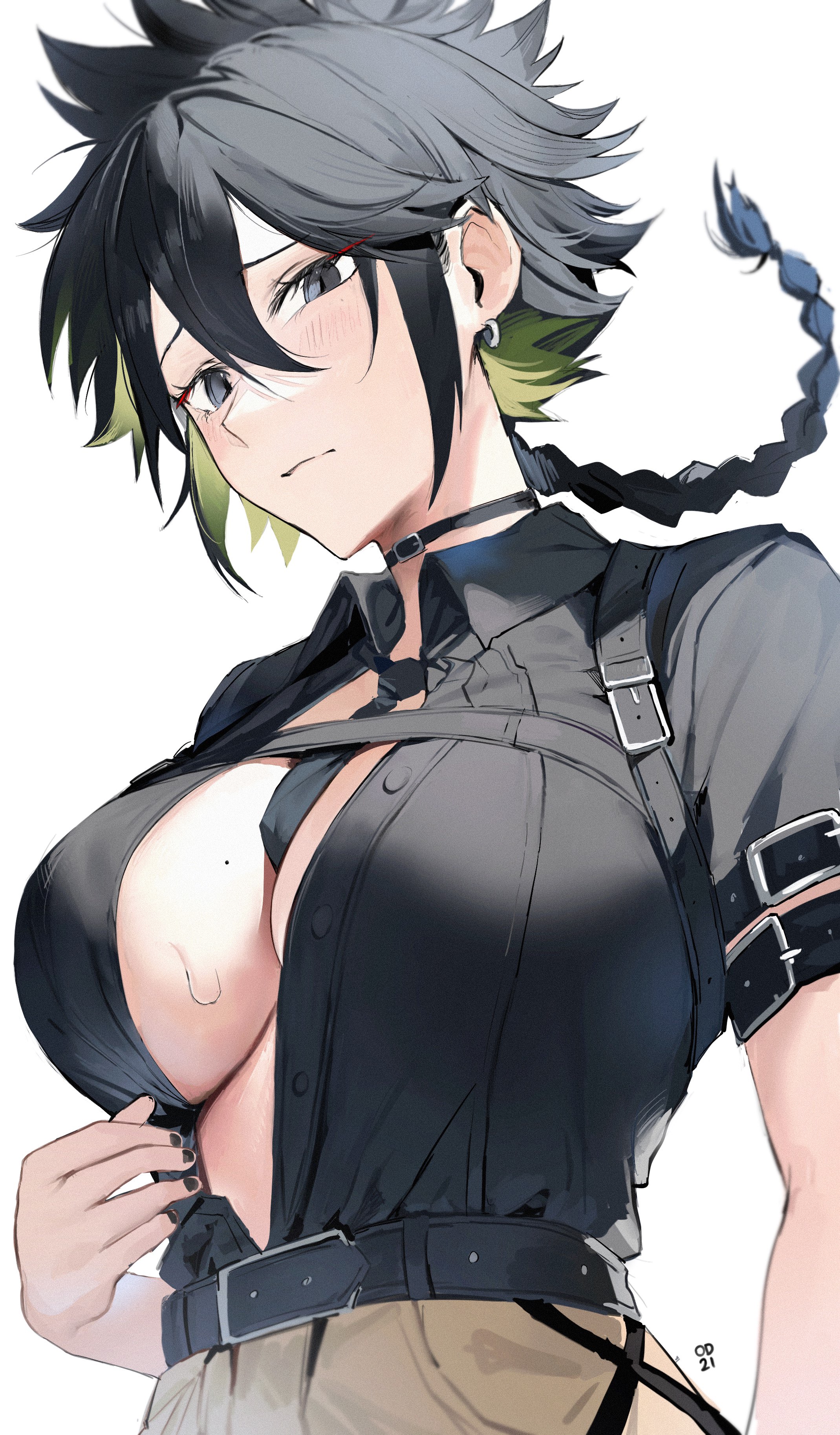 1girls, absurd res, absurdres, belt, big breasts, black choker, black eyes, black hair, black nails, black shirt, blush, blush lines, blushing at viewer, braid, breasts, choker, cleavage, cleavage cutout, closed mouth, clothing cutout, female, female focus, female only, green hair, hi res, high heels, high resolution, large breasts, light skin, light-skinned female, long hair, looking back, mole, mole on breast, multicolored hair, necktie, odyssey 21, open shirt, original, shy, simple background, solo, solo female, solo focus, spiked hair, sweat, sweatdrop, sweating, sweaty, two-tone hair, white background